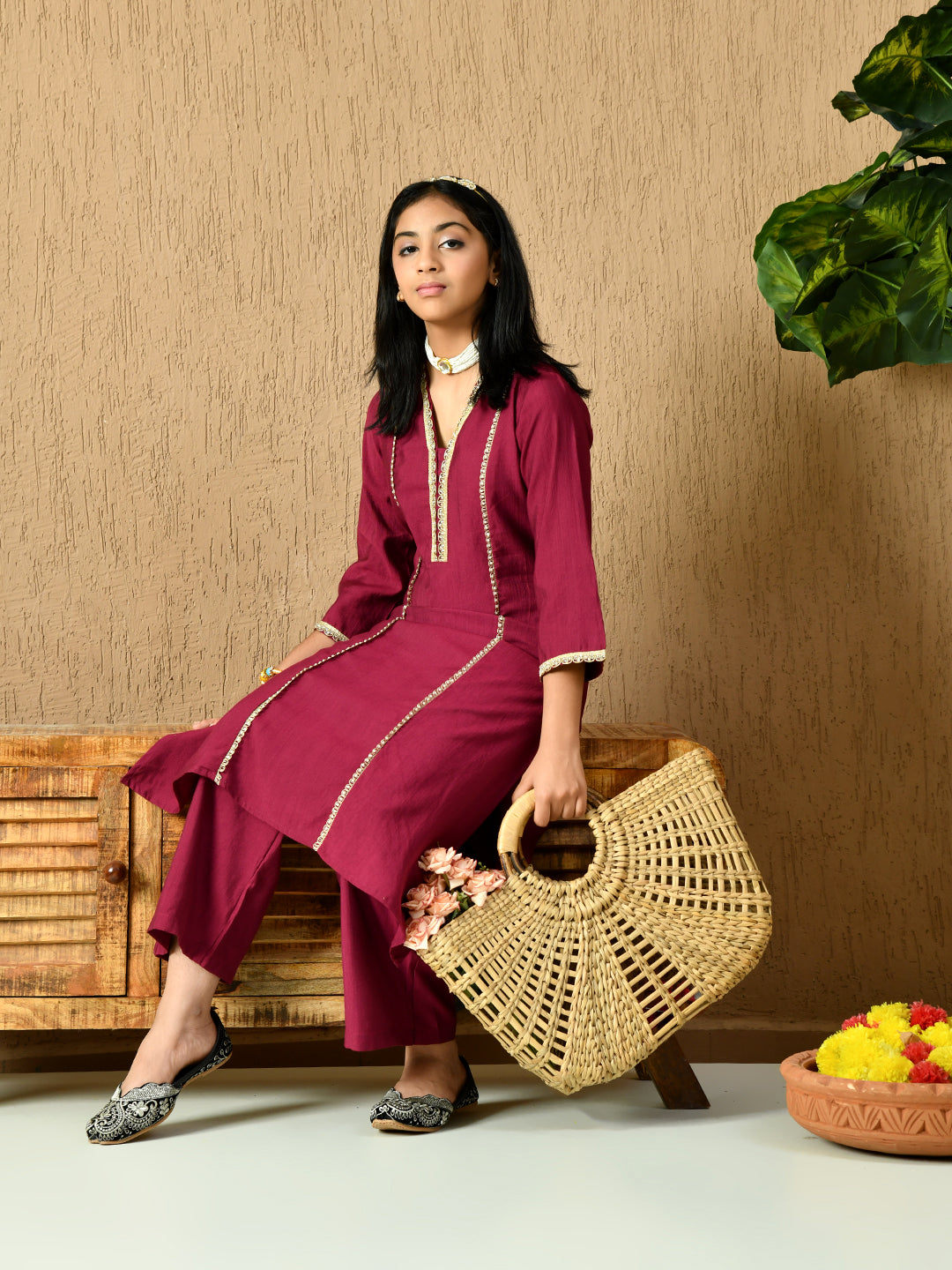 Myshka Kids Girls Calf length Embellished Kurta Set Magenta Color