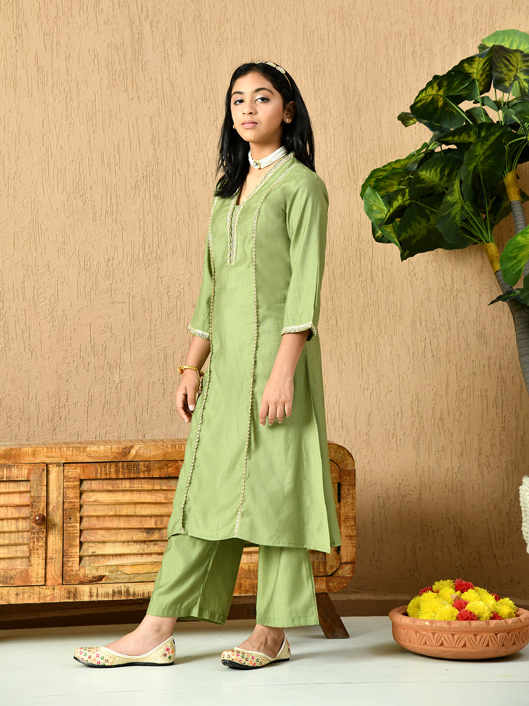Myshka Kids Girls Calf length Embellished Kurta Set Olive Color