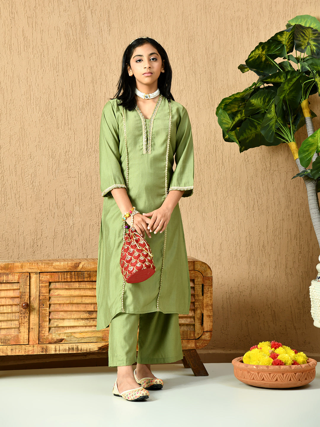 Myshka Kids Girls Calf length Embellished Kurta Set Olive Color