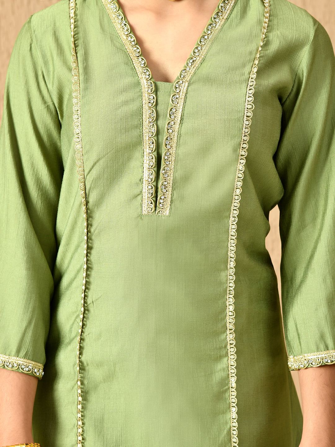 Myshka Kids Girls Calf length Embellished Kurta Set Olive Color