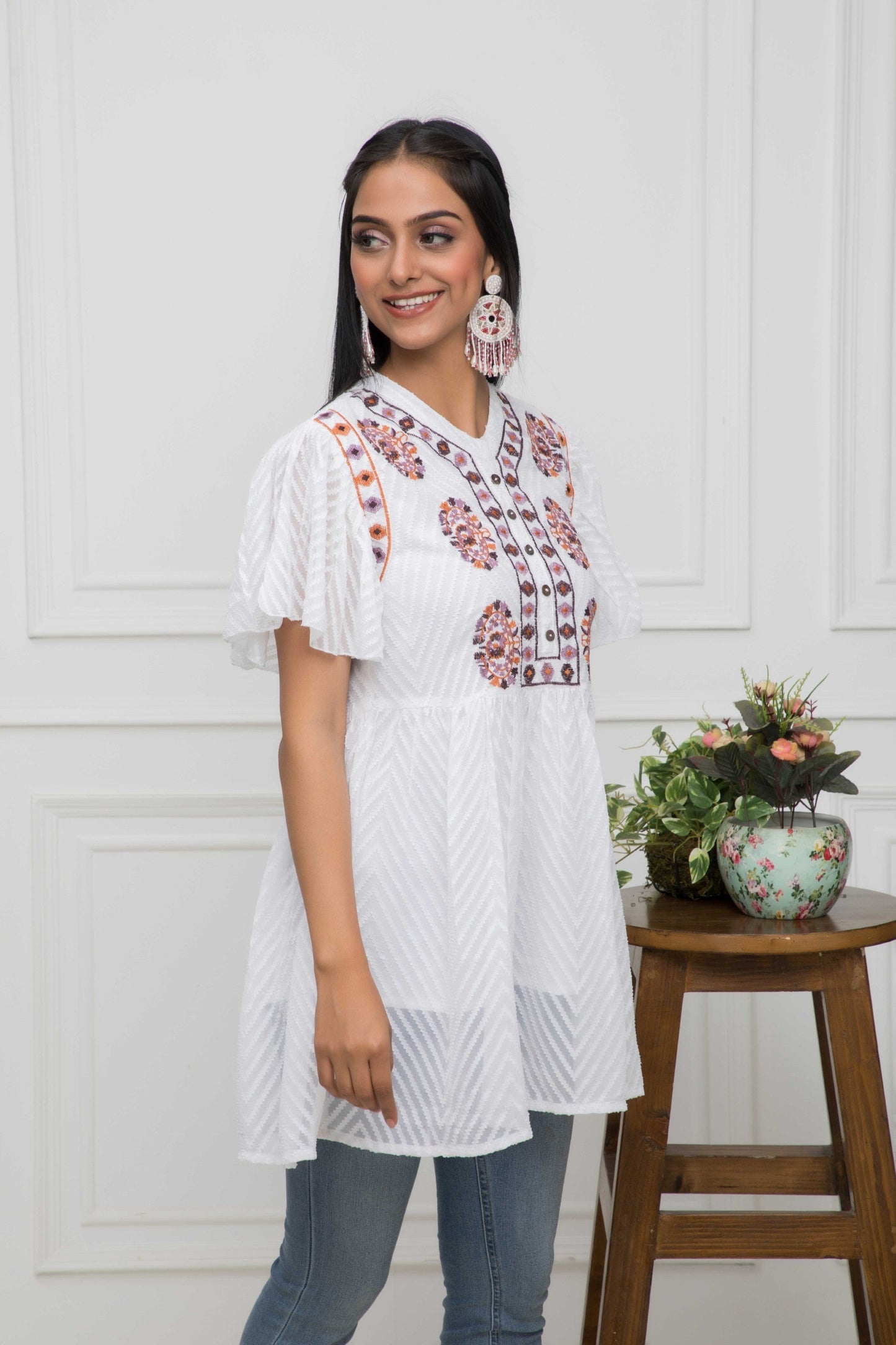 Women's White Solid V-Neck Flared Sleeves Synthetic Georgette Top Myshka