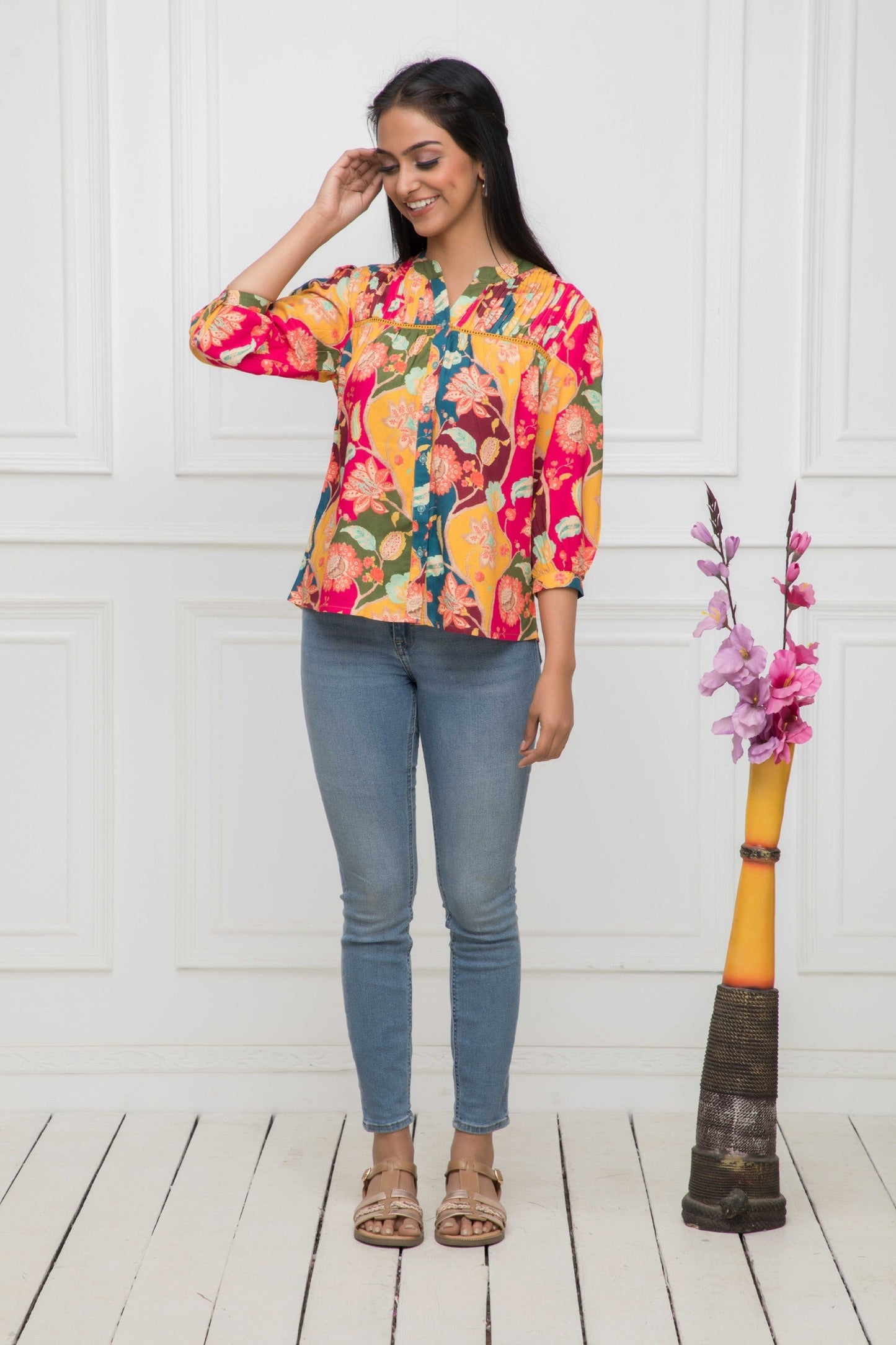 Women's Multi Floral Mandarin Collar Regular Sleeves Viscose Rayon Top Myshka