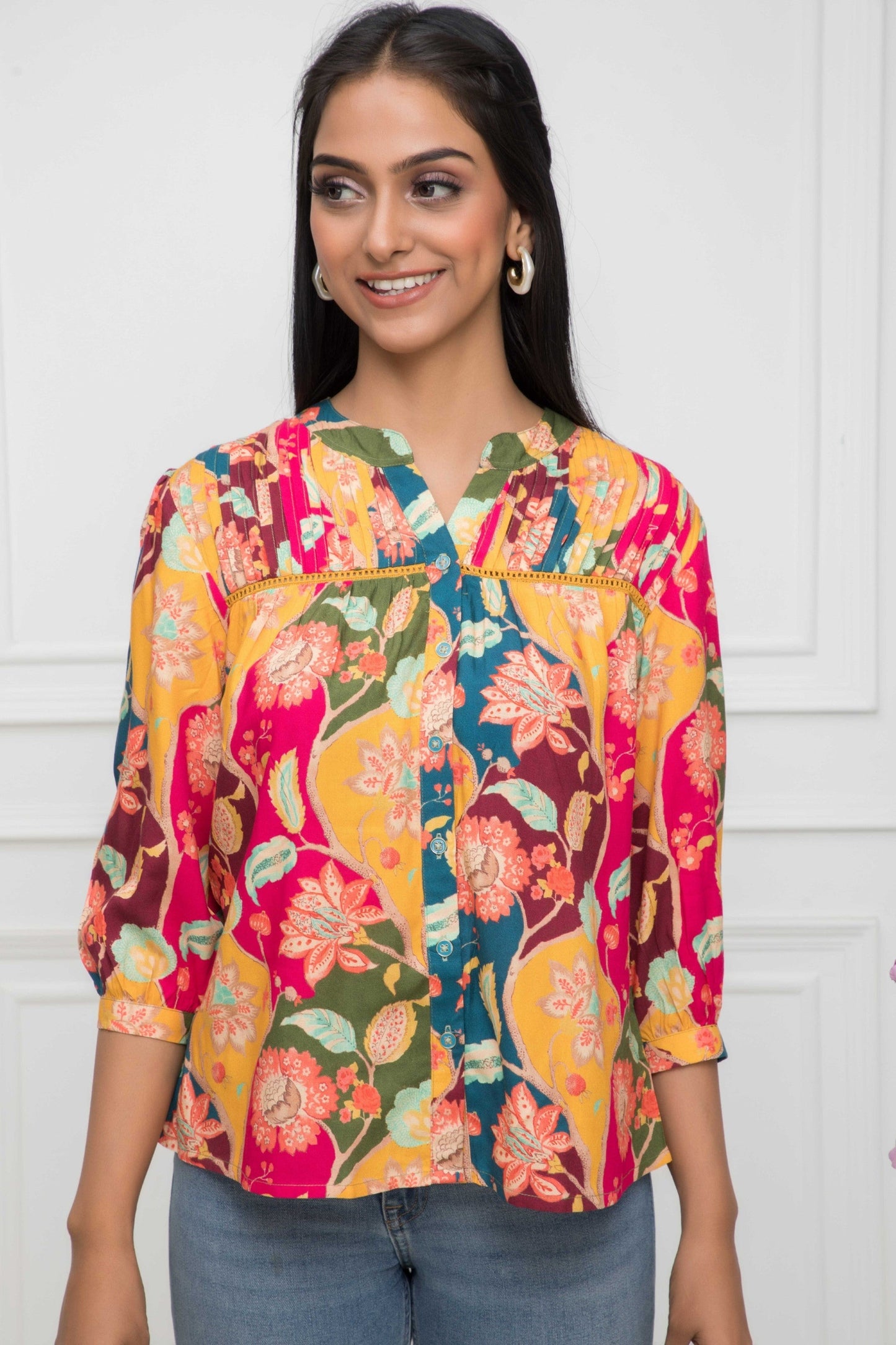 Women's Multi Floral Mandarin Collar Regular Sleeves Viscose Rayon Top Myshka