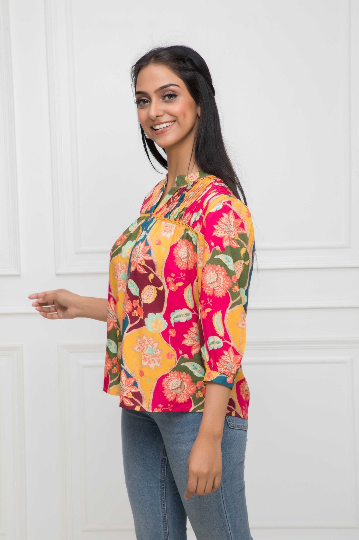 Women's Multi Floral Mandarin Collar Regular Sleeves Viscose Rayon Top Myshka