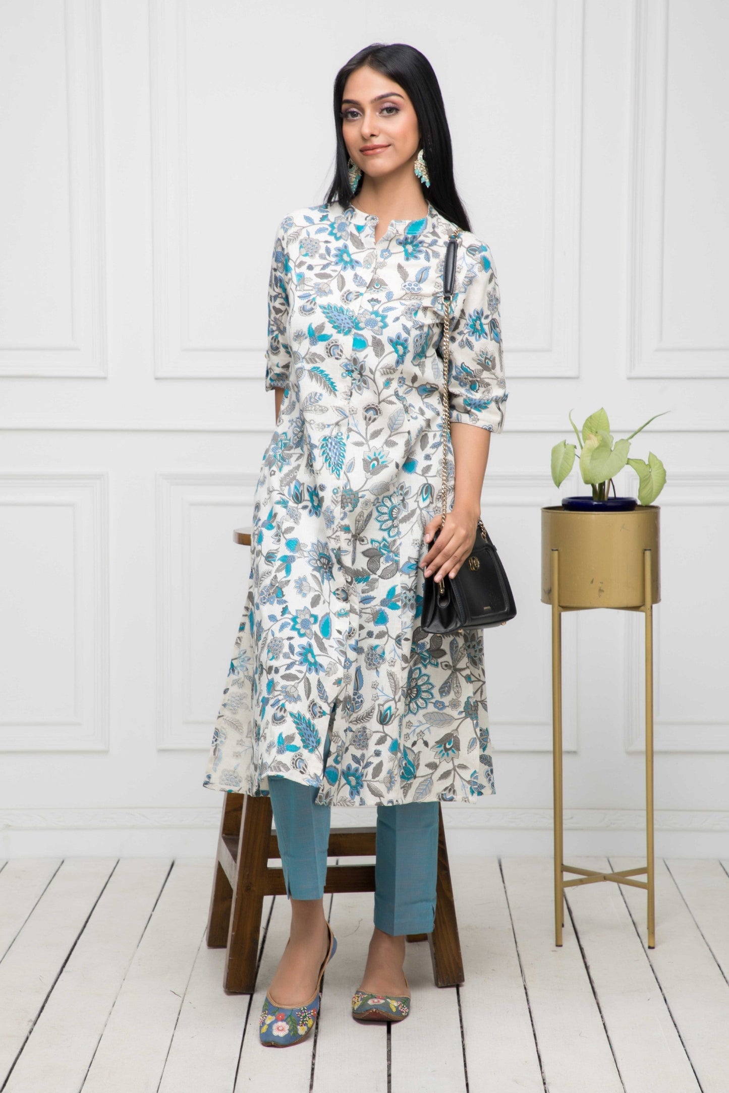 Women's Multi Floral Cotton A-Line Mandarin Collar Kurtas Myshka