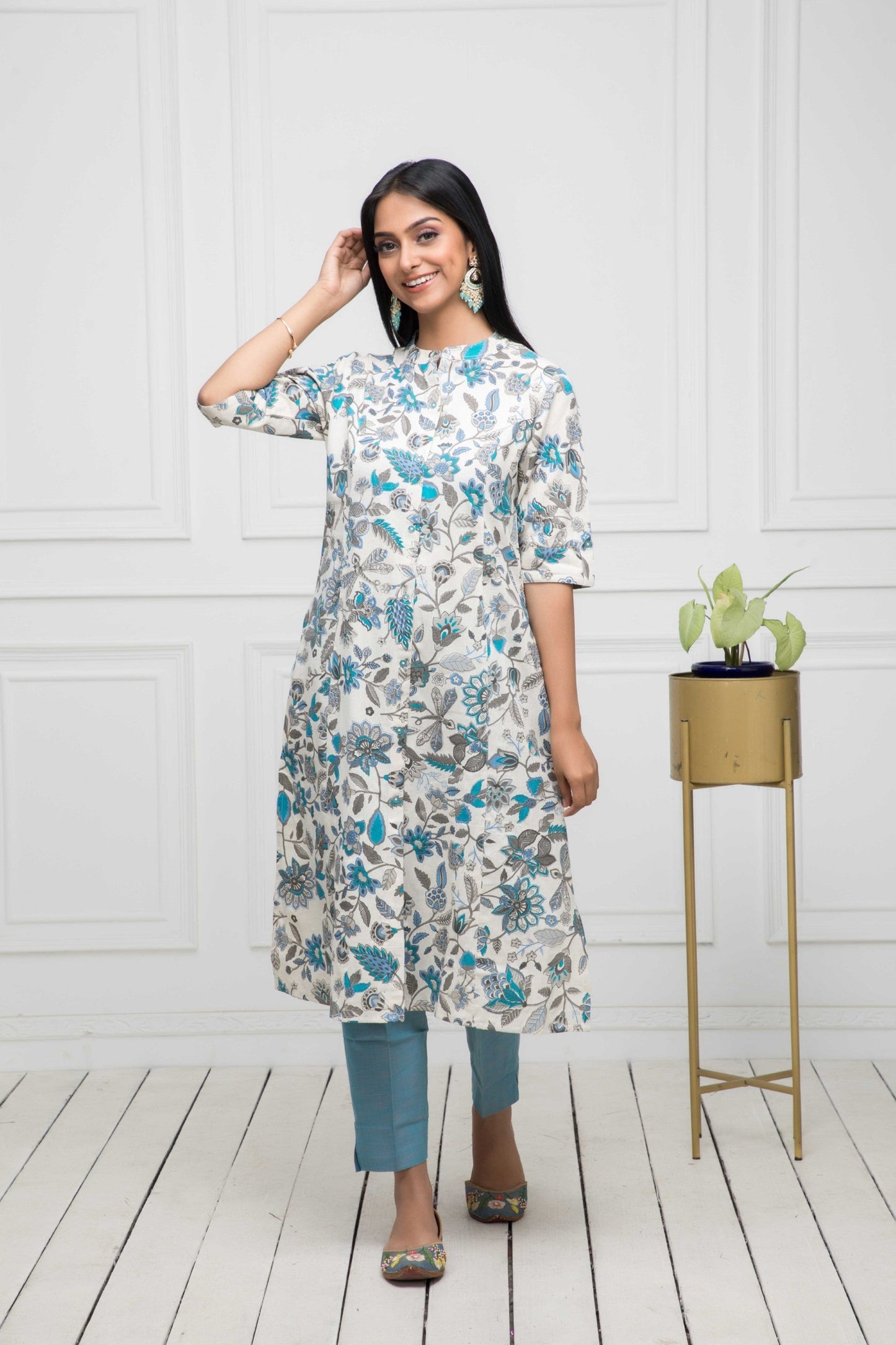 Women's Multi Floral Cotton A-Line Mandarin Collar Kurtas Myshka