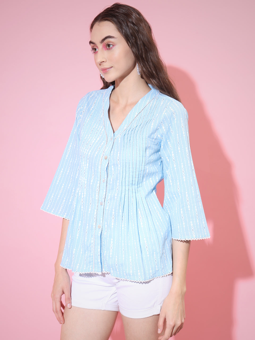 Women's Blue Printed V-Neck Top Myshka