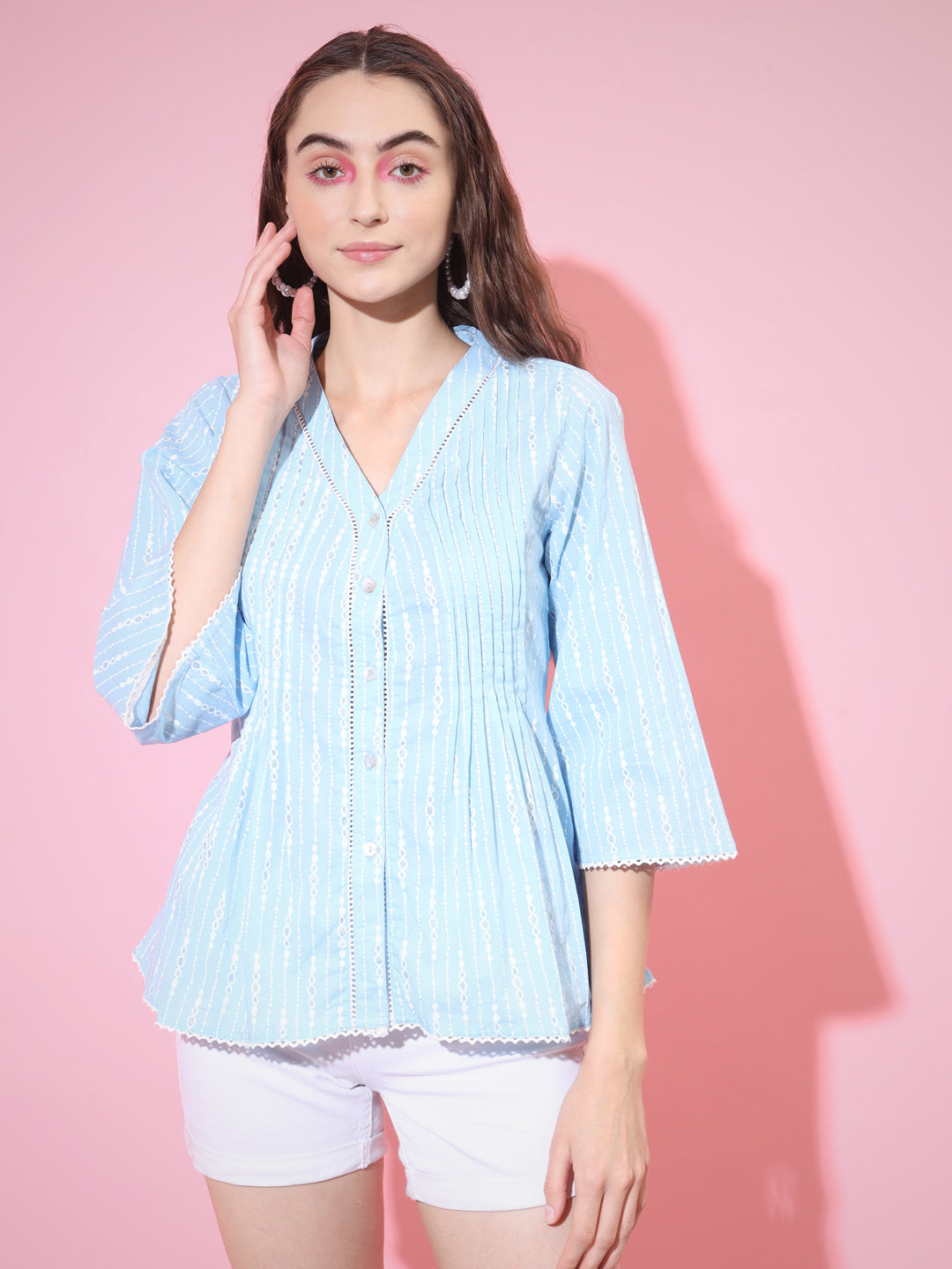 Women's Blue Printed V-Neck Top Myshka