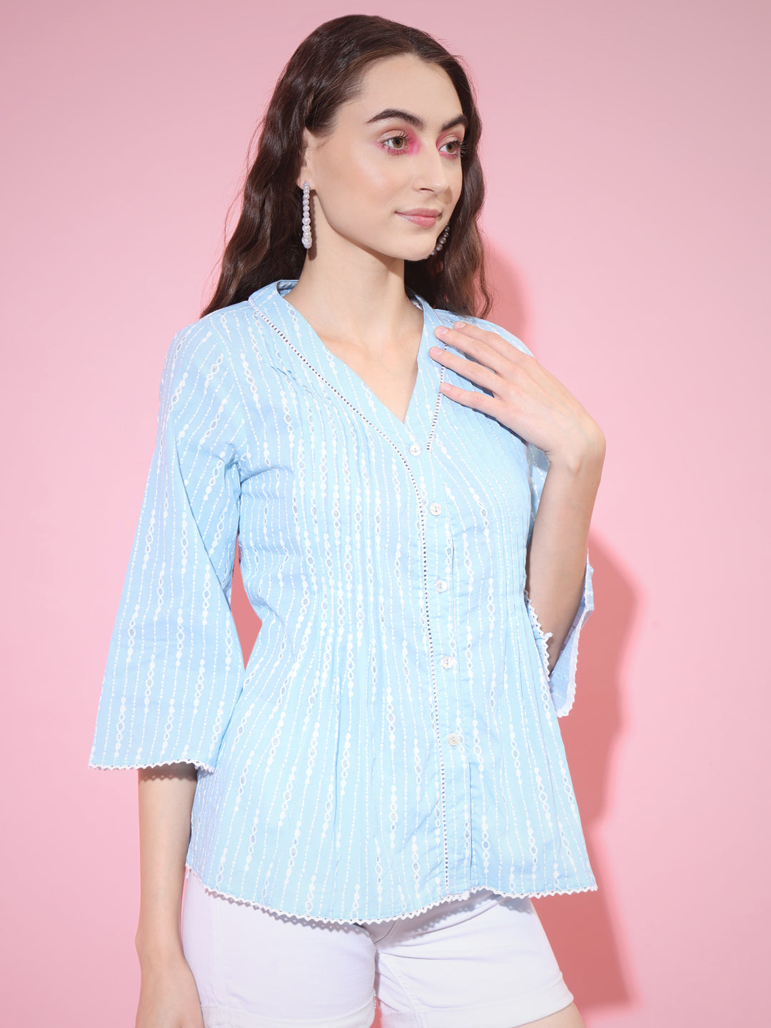 Women's Blue Printed V-Neck Top Myshka