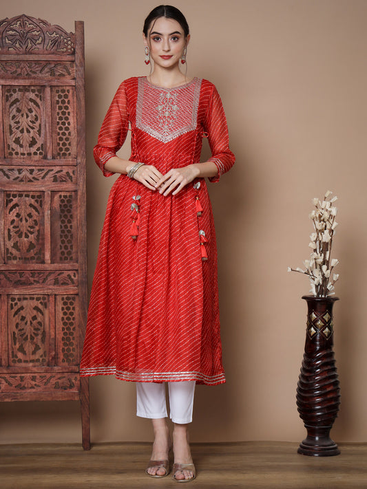 Myshka Women's Red Anarkali Kurta Myshka