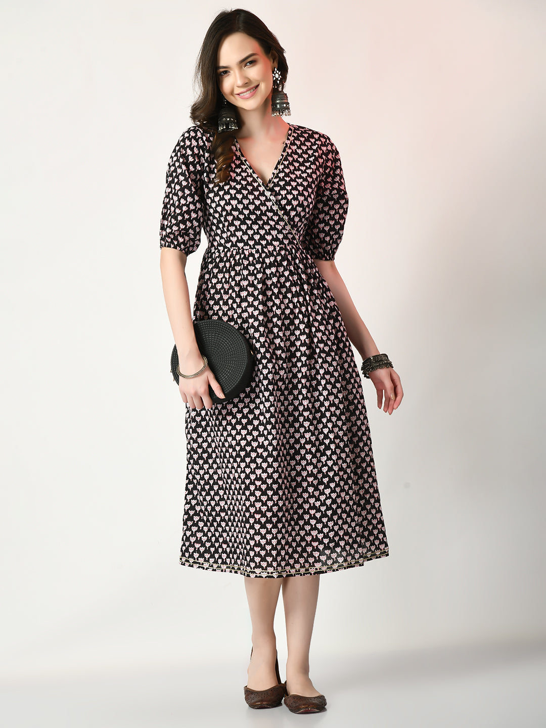 Myshka Women's Black Empire Printed Dress Myshka