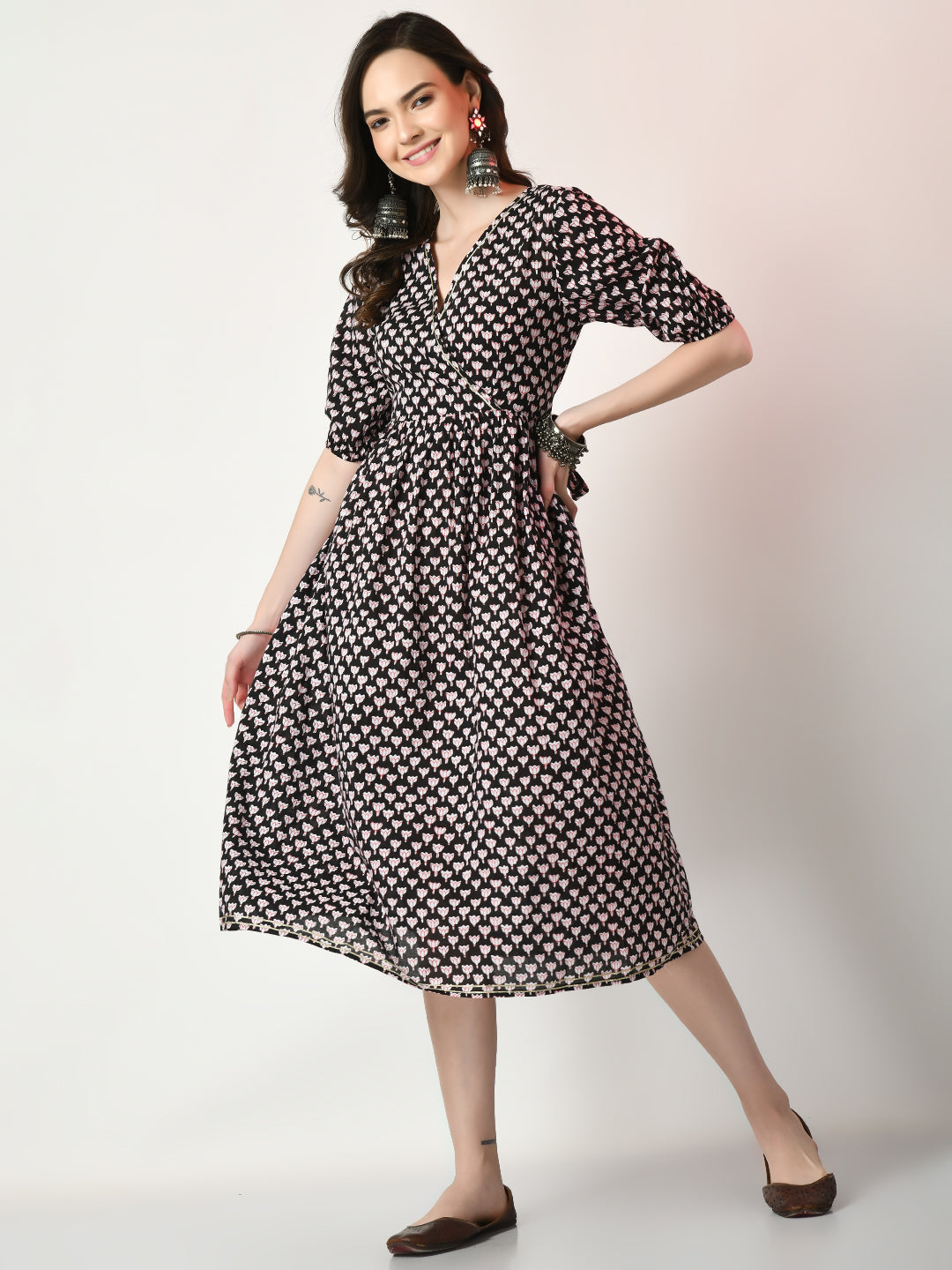 Myshka Women's Black Empire Printed Dress Myshka