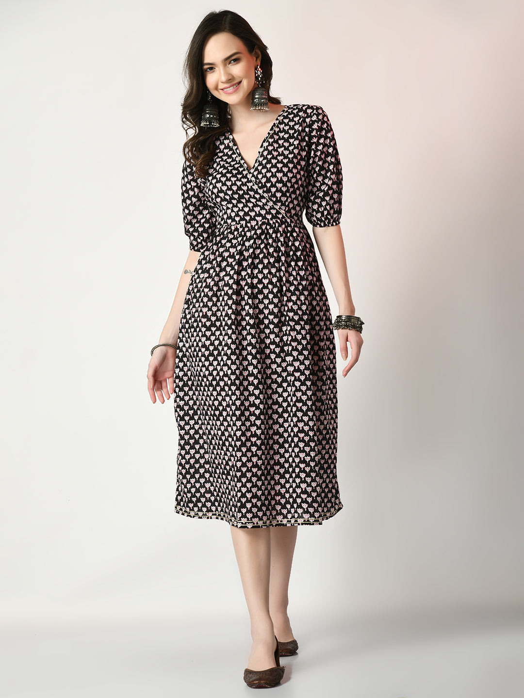 Myshka Women's Black Empire Printed Dress Myshka