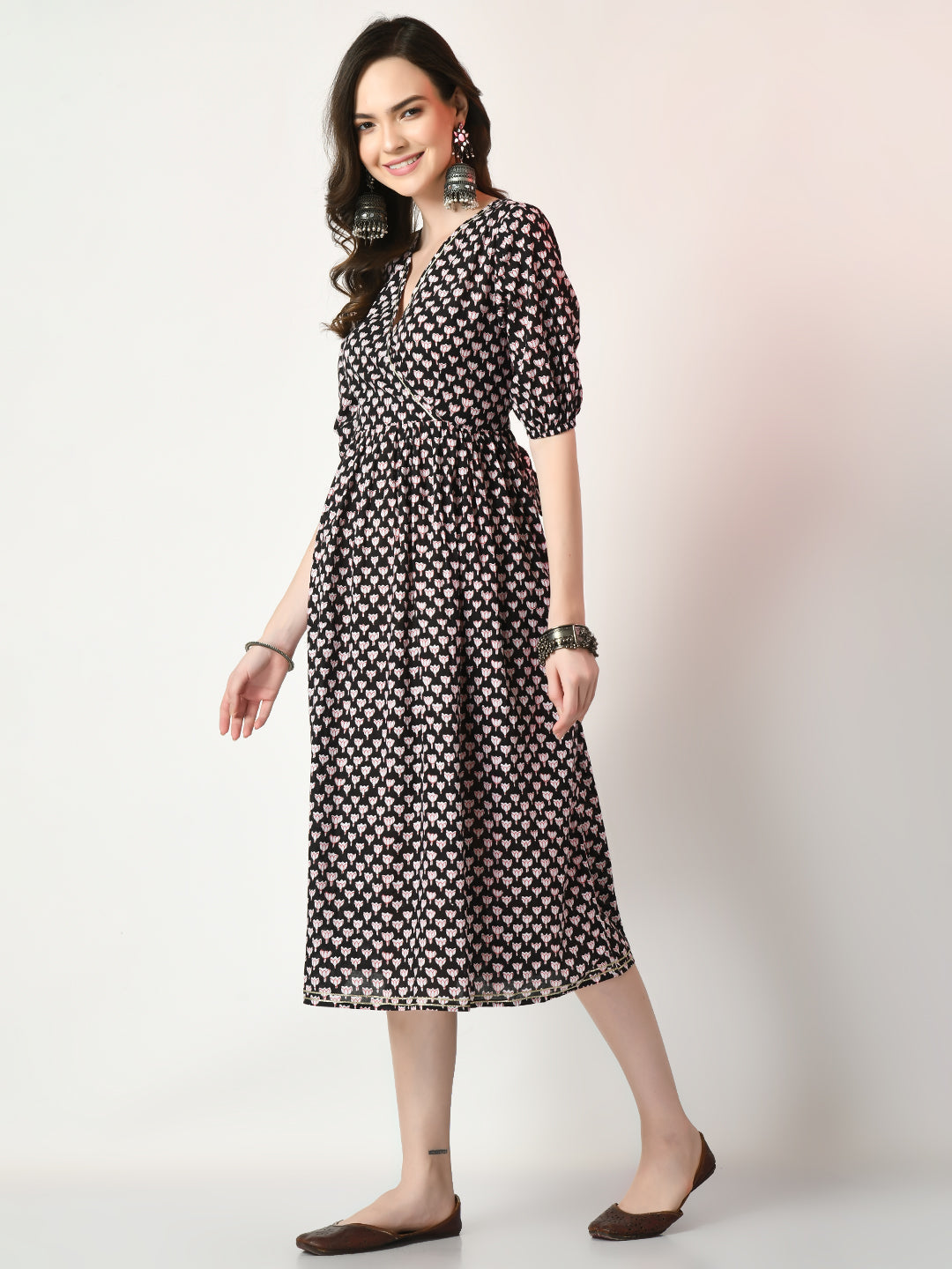 Myshka Women's Black Empire Printed Dress Myshka