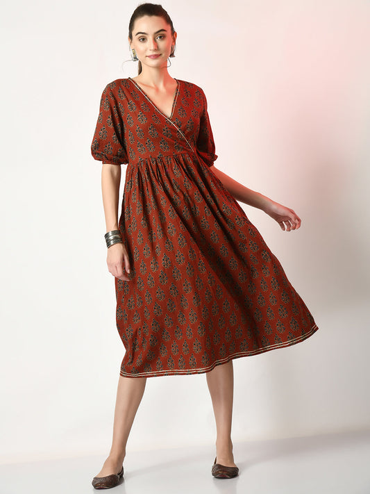 Myshka Women's Rust Empire Printed Dress Myshka