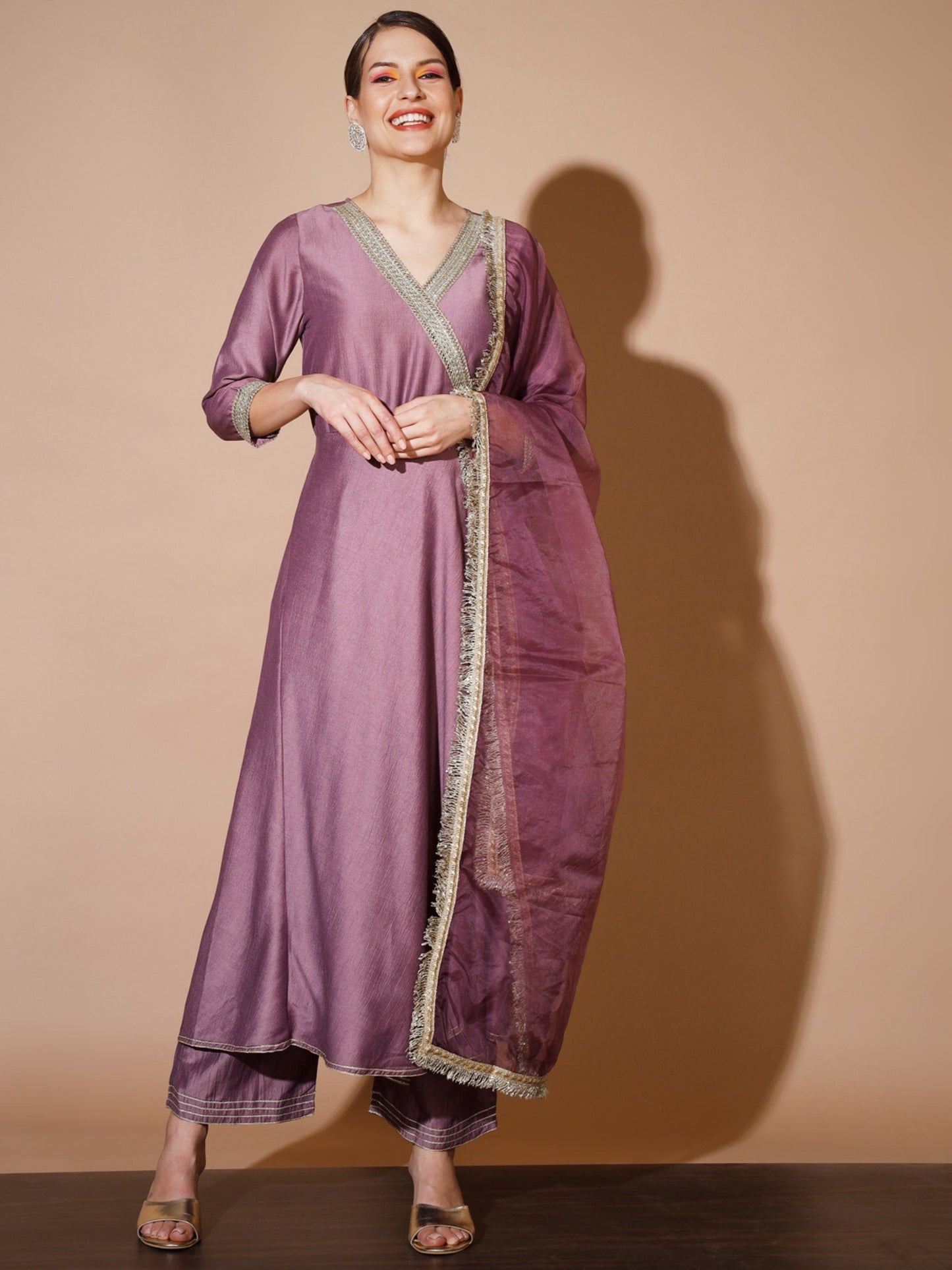 Women's Mauve Solid Kurta & Palazzos With Dupatta Myshka