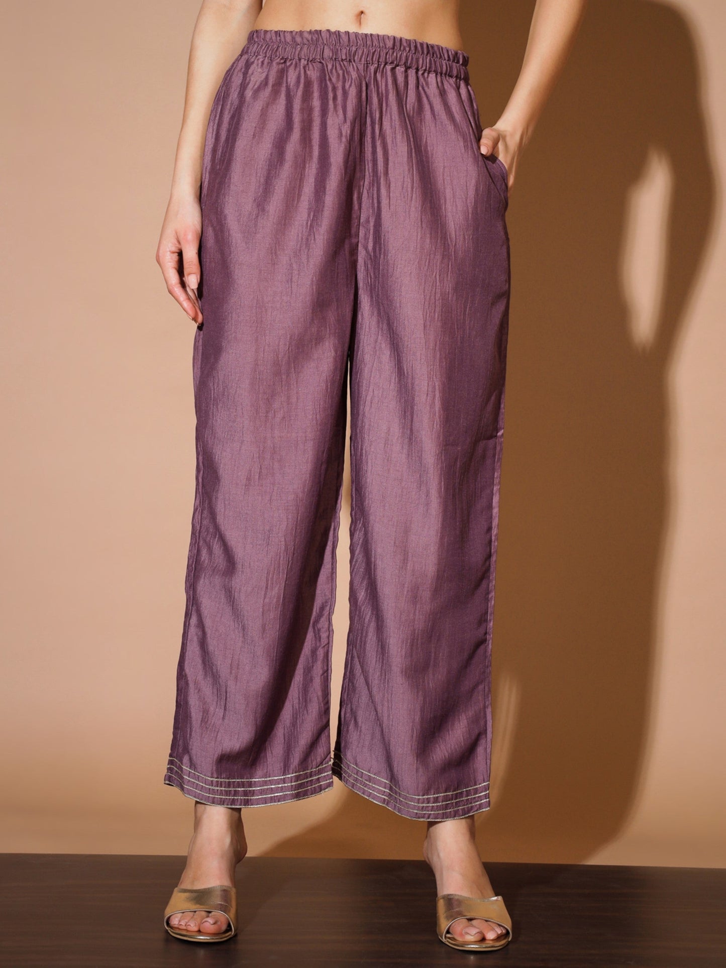 Women's Mauve Solid Kurta & Palazzos With Dupatta Myshka