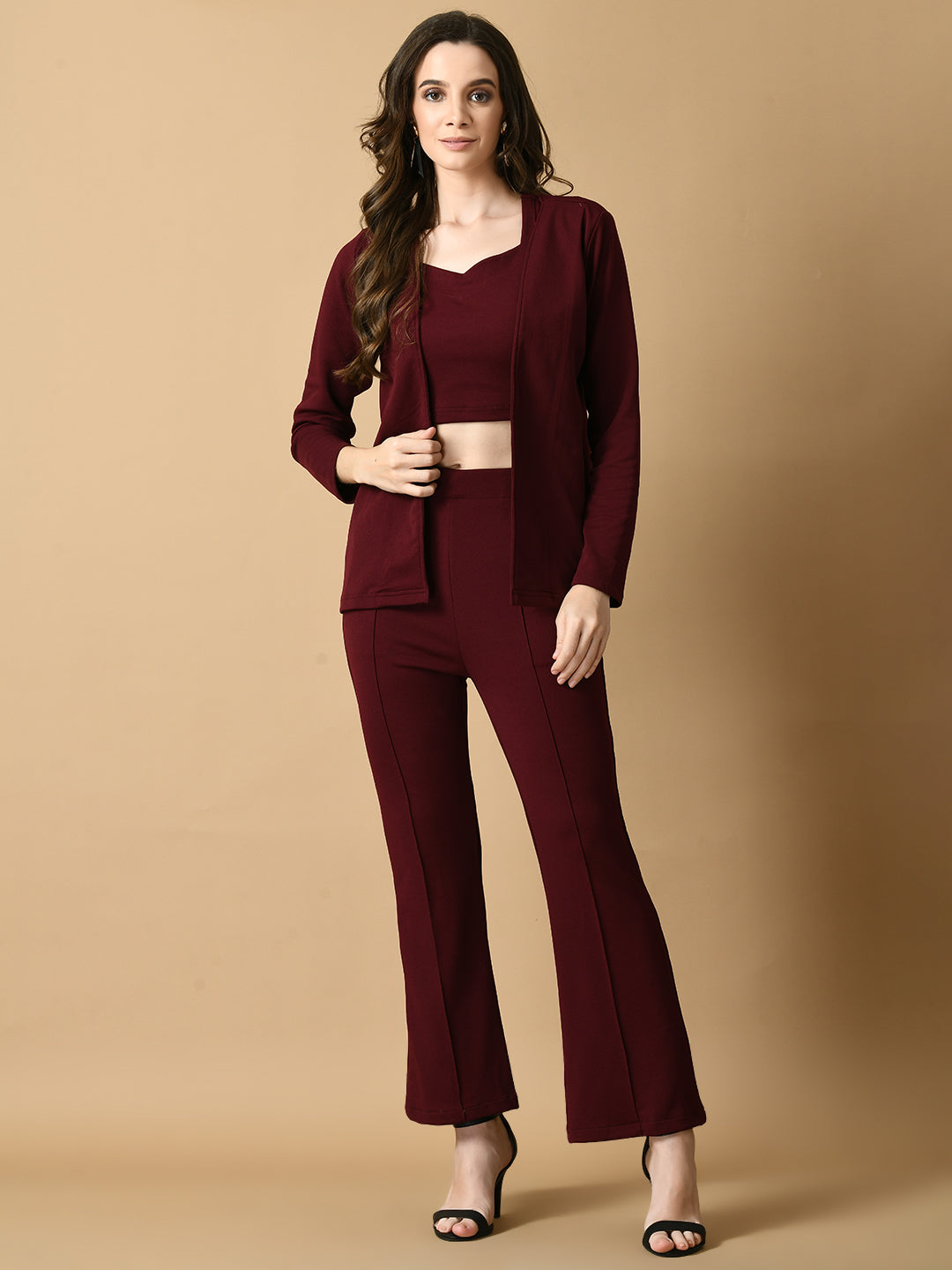 Women's Magenta Solid Coat With Trousers Myshka