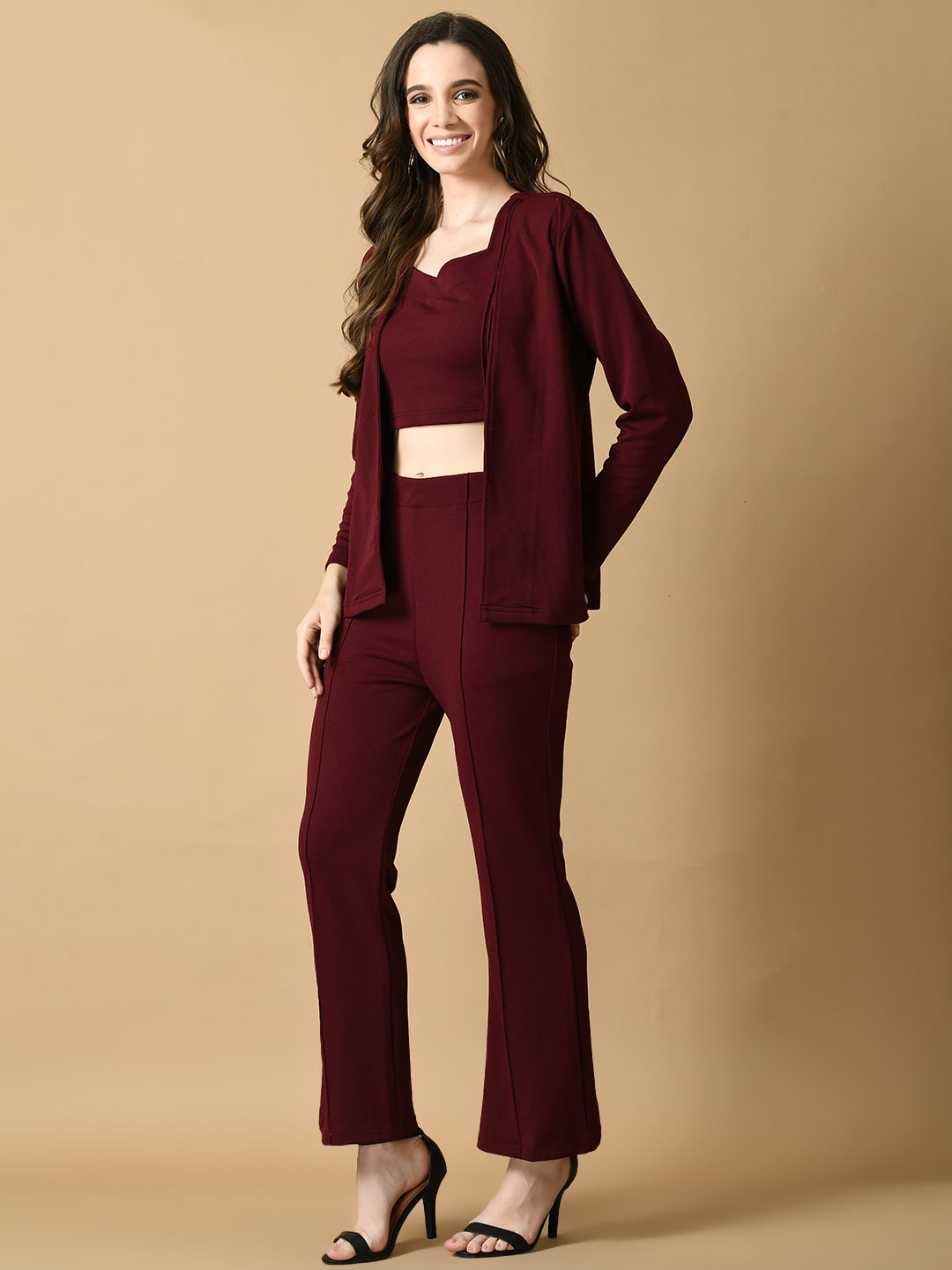 Women's Magenta Solid Coat With Trousers Myshka