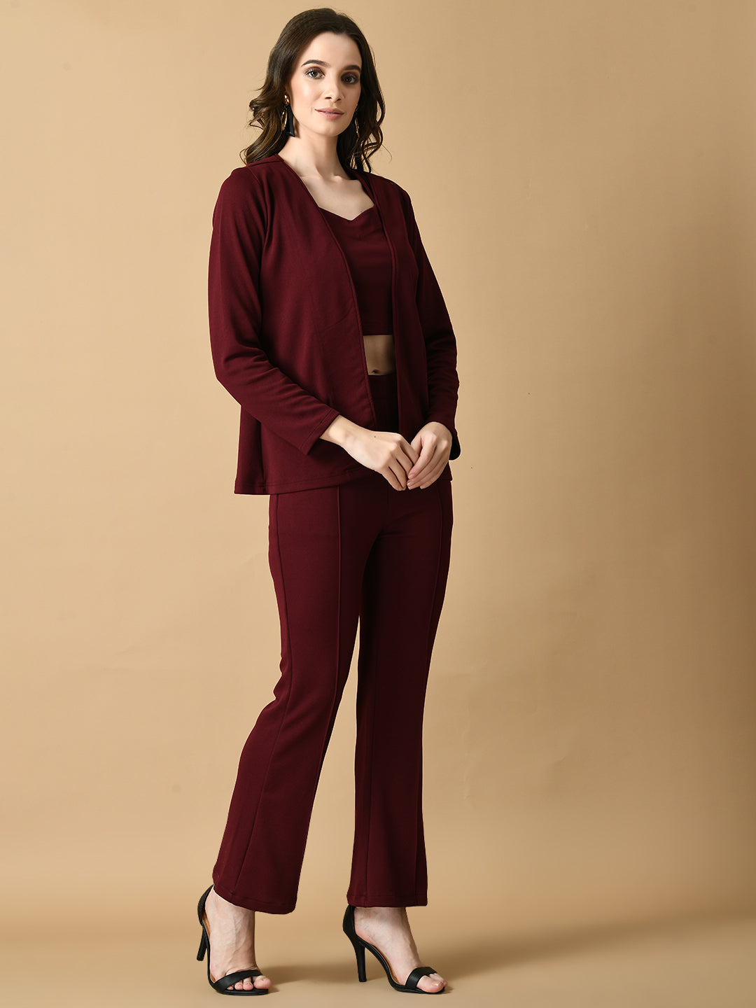 Women's Magenta Solid Coat With Trousers Myshka
