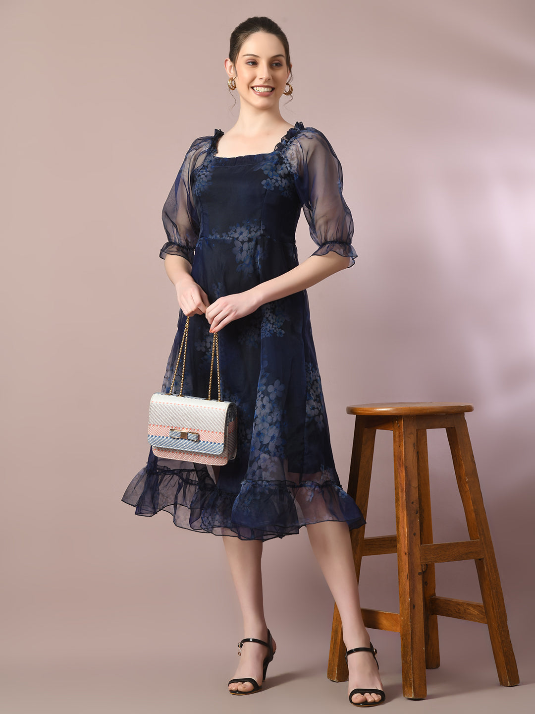 Myshka Women's Navy Blue Printed Square Neck Fit And Flare Party Dress