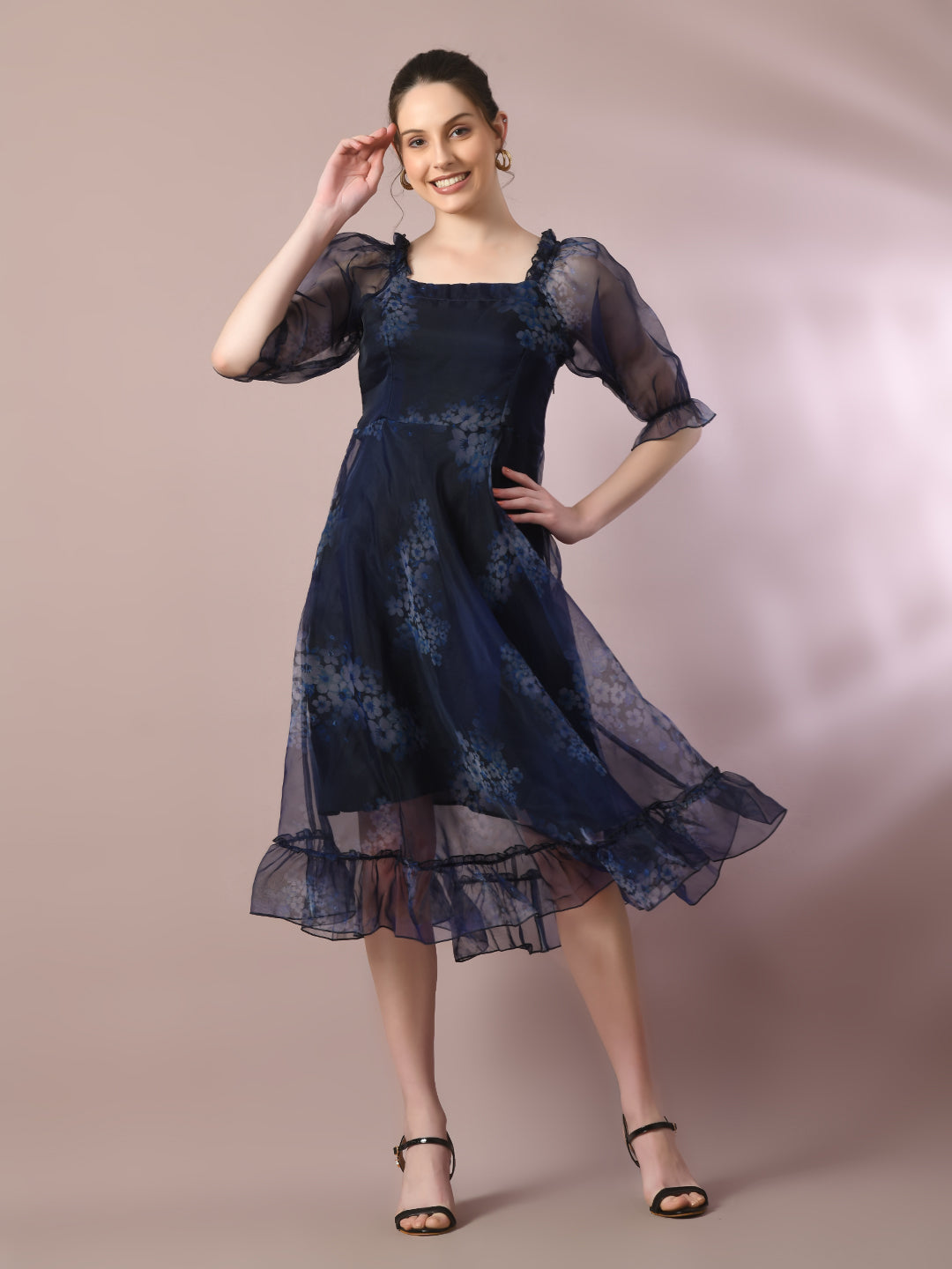 Myshka Women's Navy Blue Printed Square Neck Fit And Flare Party Dress