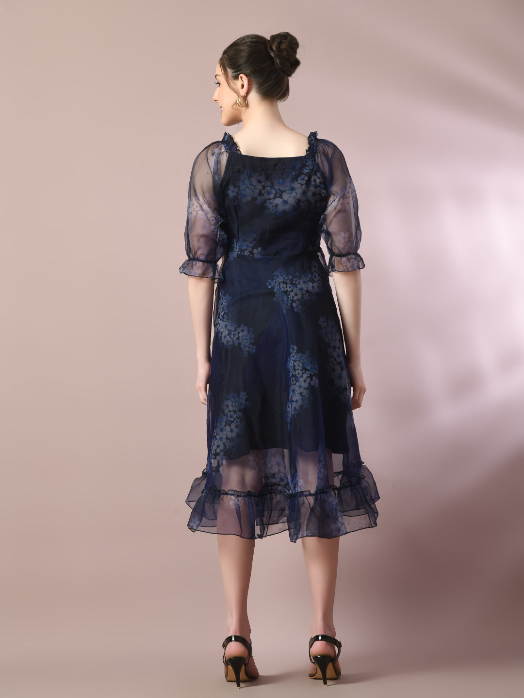 Myshka Women's Navy Blue Printed Square Neck Fit And Flare Party Dress