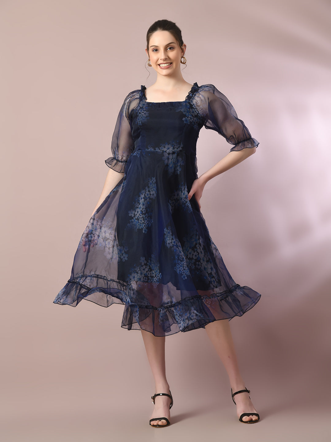 Myshka Women's Navy Blue Printed Square Neck Fit And Flare Party Dress