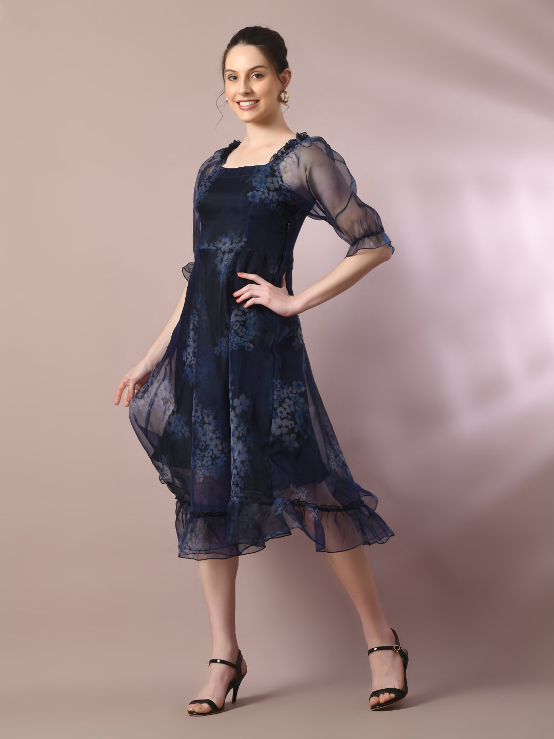 Myshka Women's Navy Blue Printed Square Neck Fit And Flare Party Dress