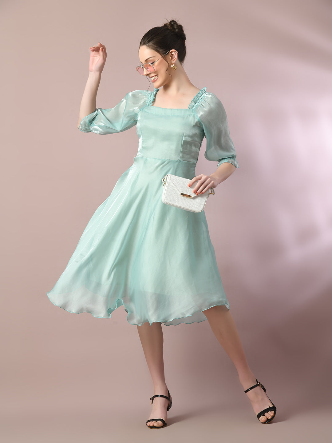 Myshka Women's Sea Green Solid Square Neck Fit And Flare Party Dress