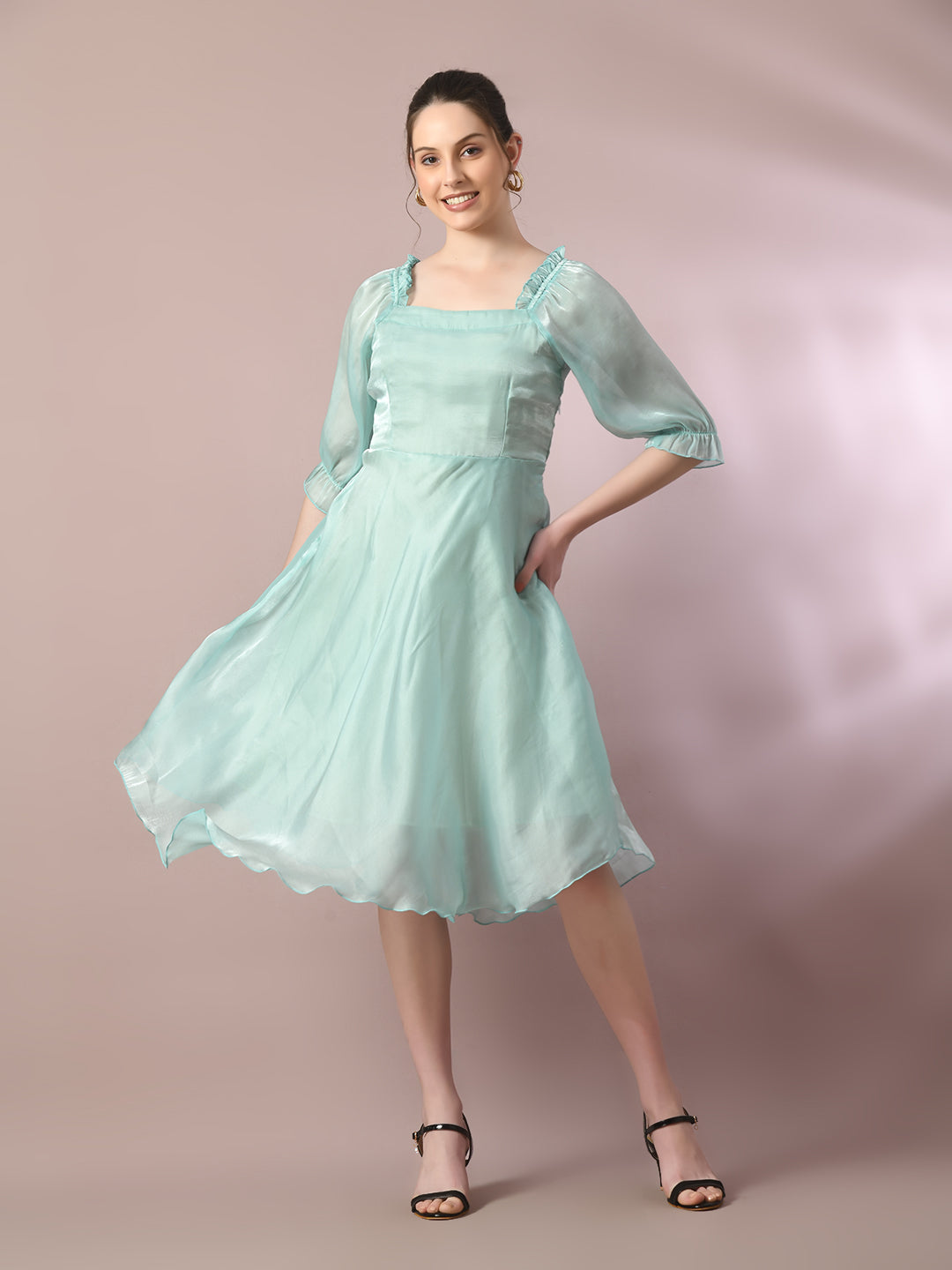 Myshka Women's Sea Green Solid Square Neck Fit And Flare Party Dress