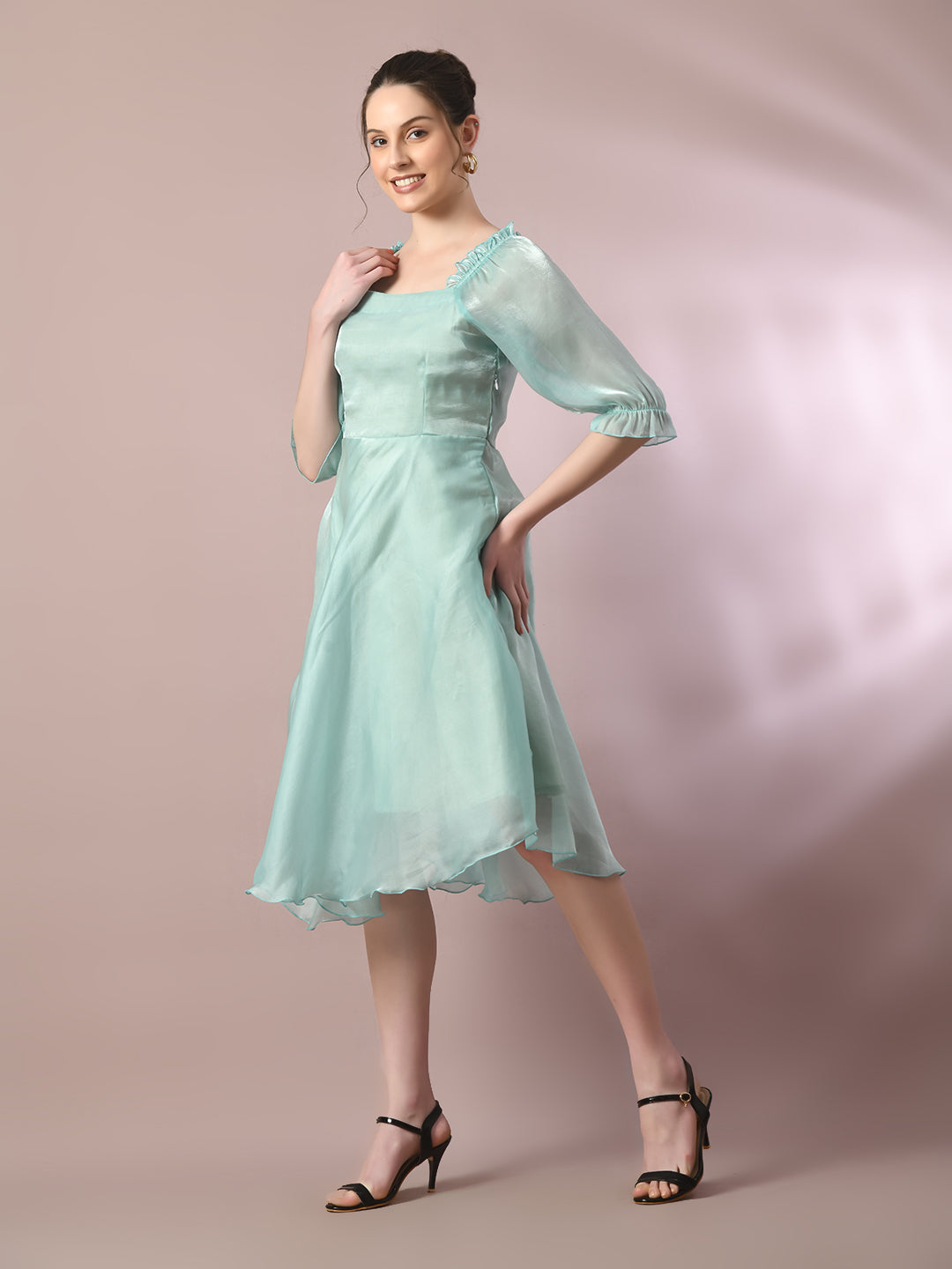 Myshka Women's Sea Green Solid Square Neck Fit And Flare Party Dress