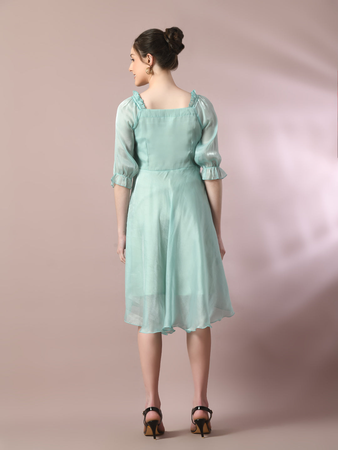 Myshka Women's Sea Green Solid Square Neck Fit And Flare Party Dress