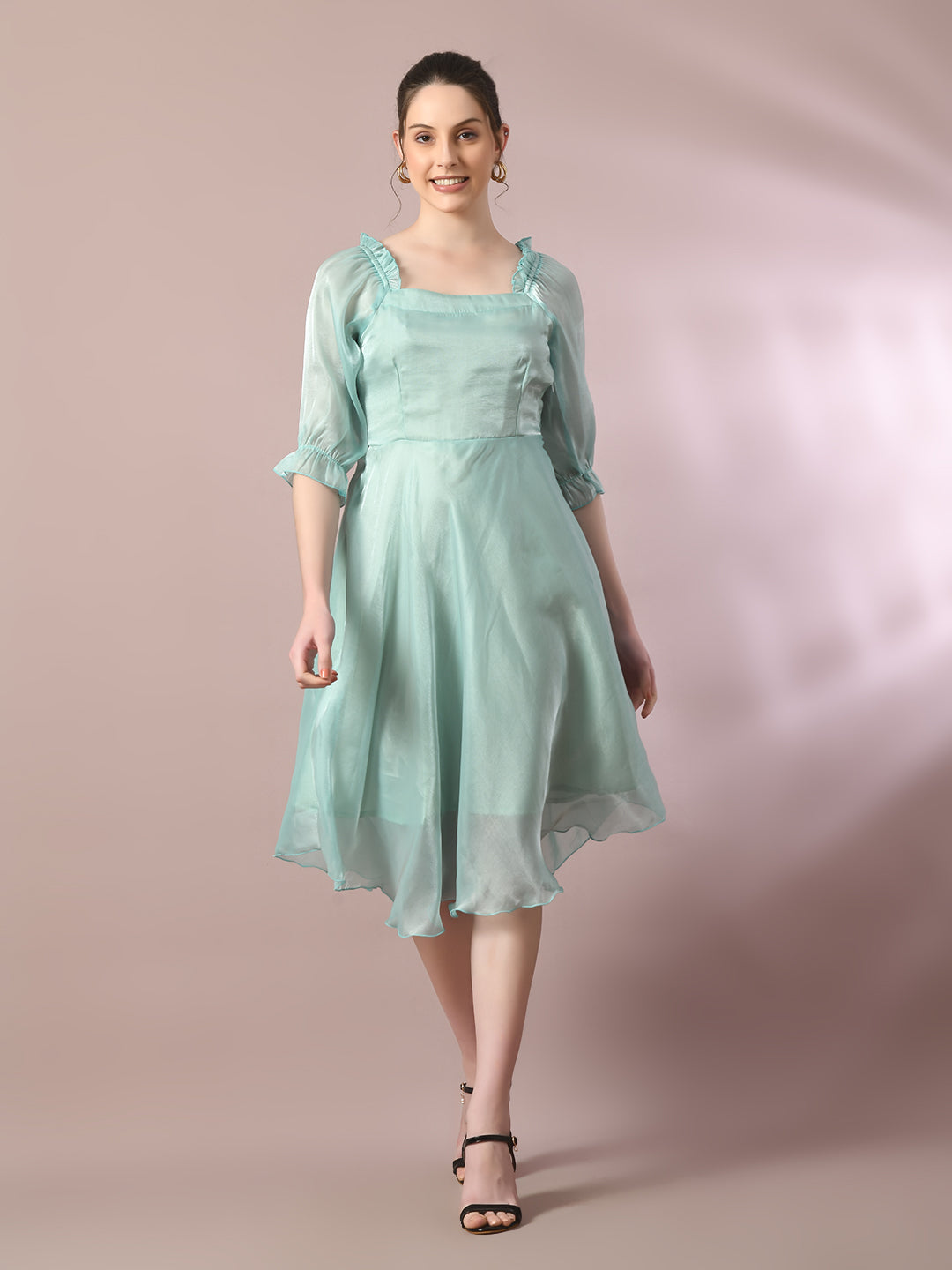 Myshka Women's Sea Green Solid Square Neck Fit And Flare Party Dress