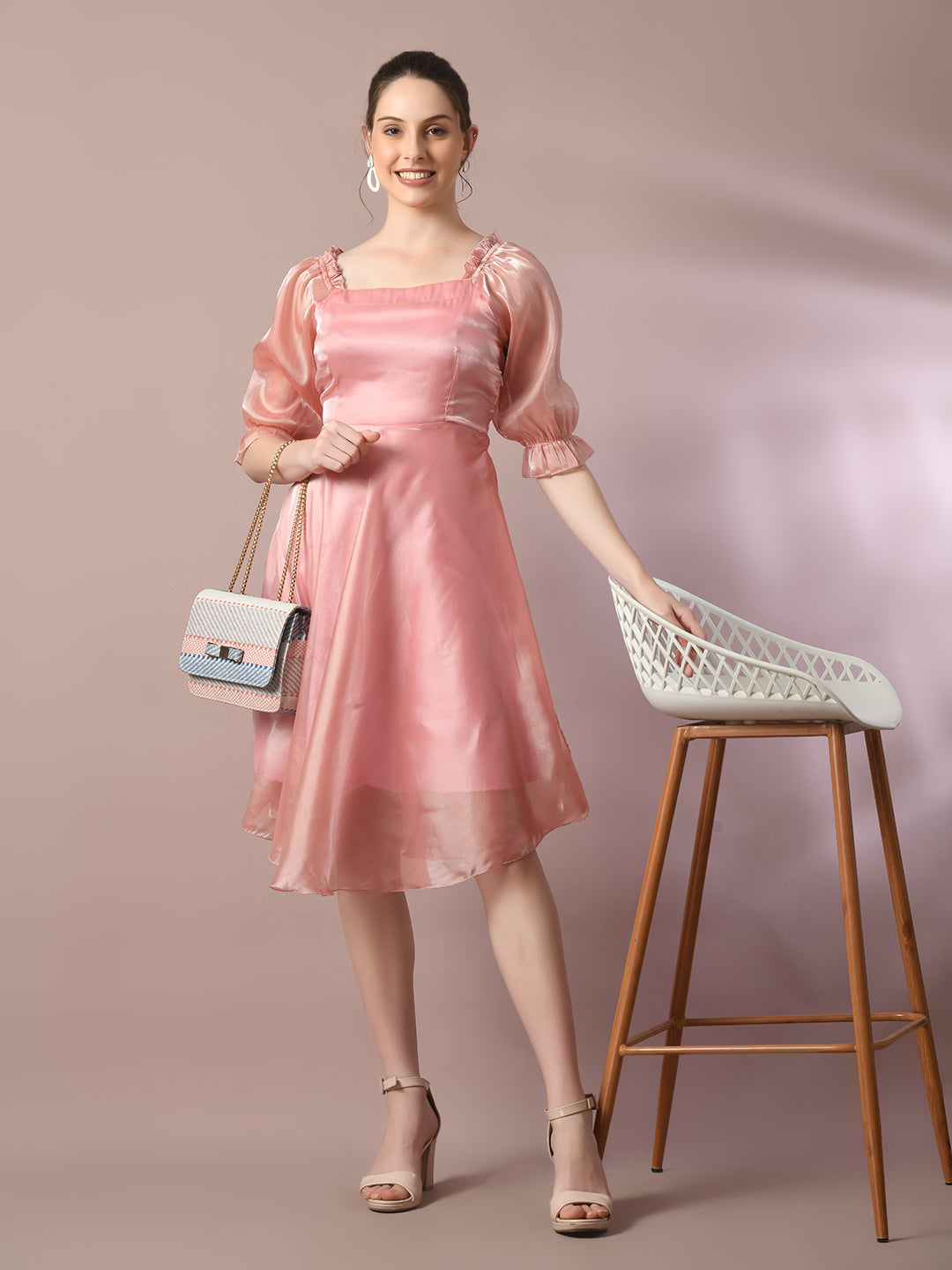 Myshka Women's Pink Solid Square Neck Fit And Flare Party Dress