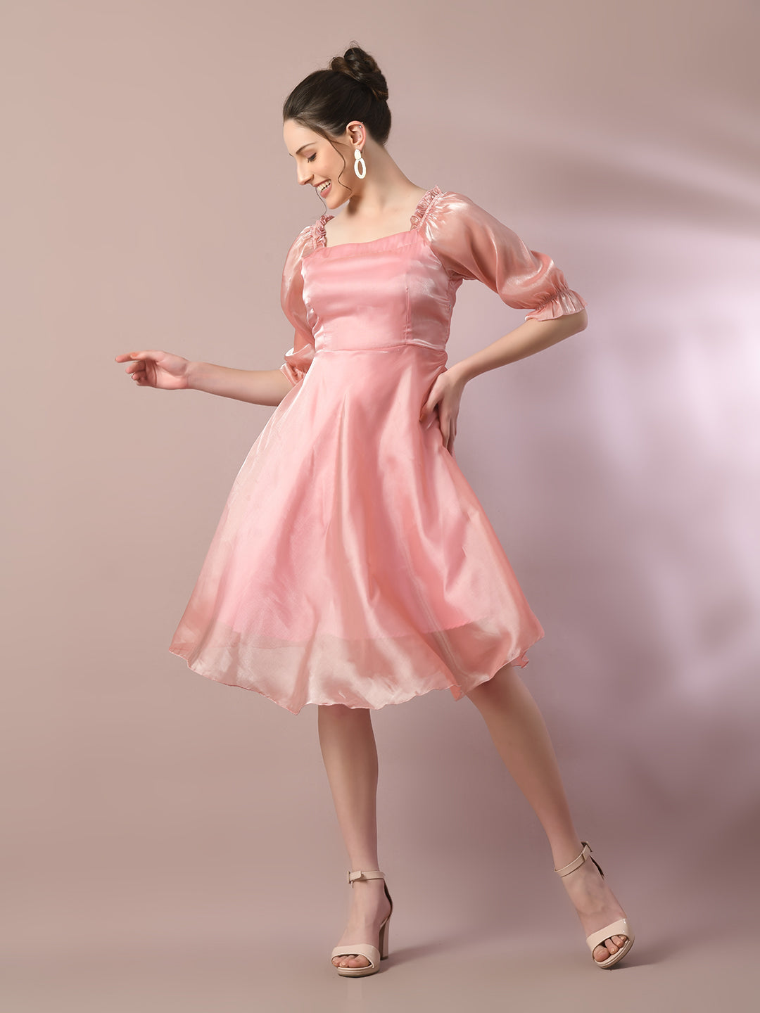 Myshka Women's Pink Solid Square Neck Fit And Flare Party Dress