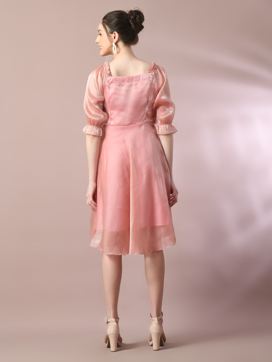 Women's Pink Solid Square Neck Fit And Flare Party Dress - Myshka