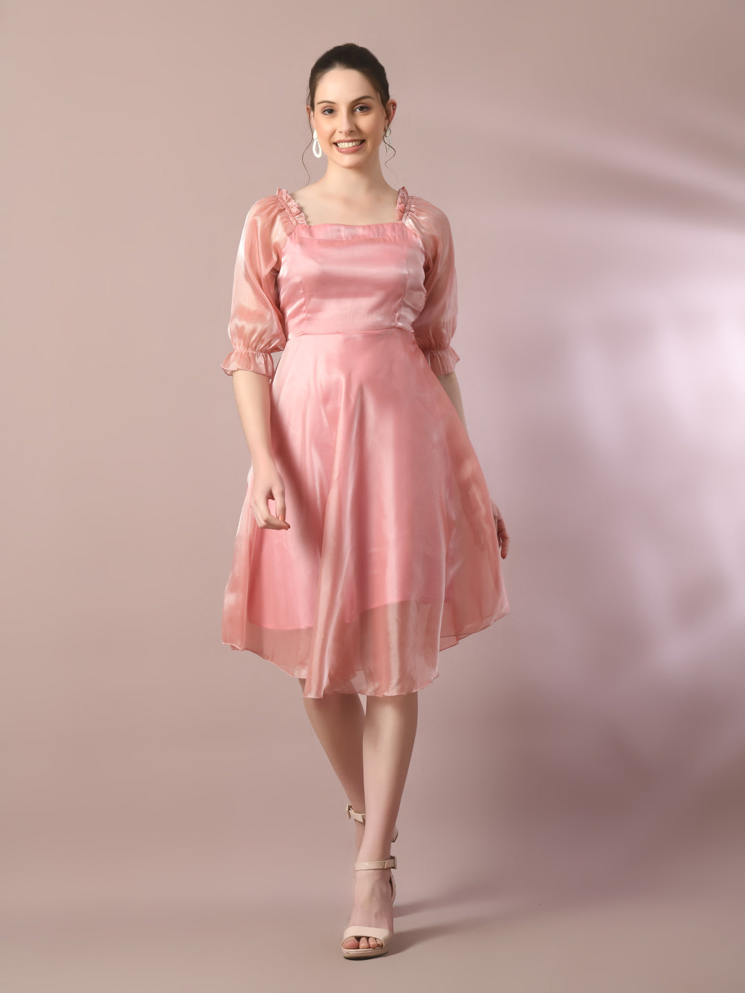 Women's Pink Solid Square Neck Fit And Flare Party Dress - Myshka