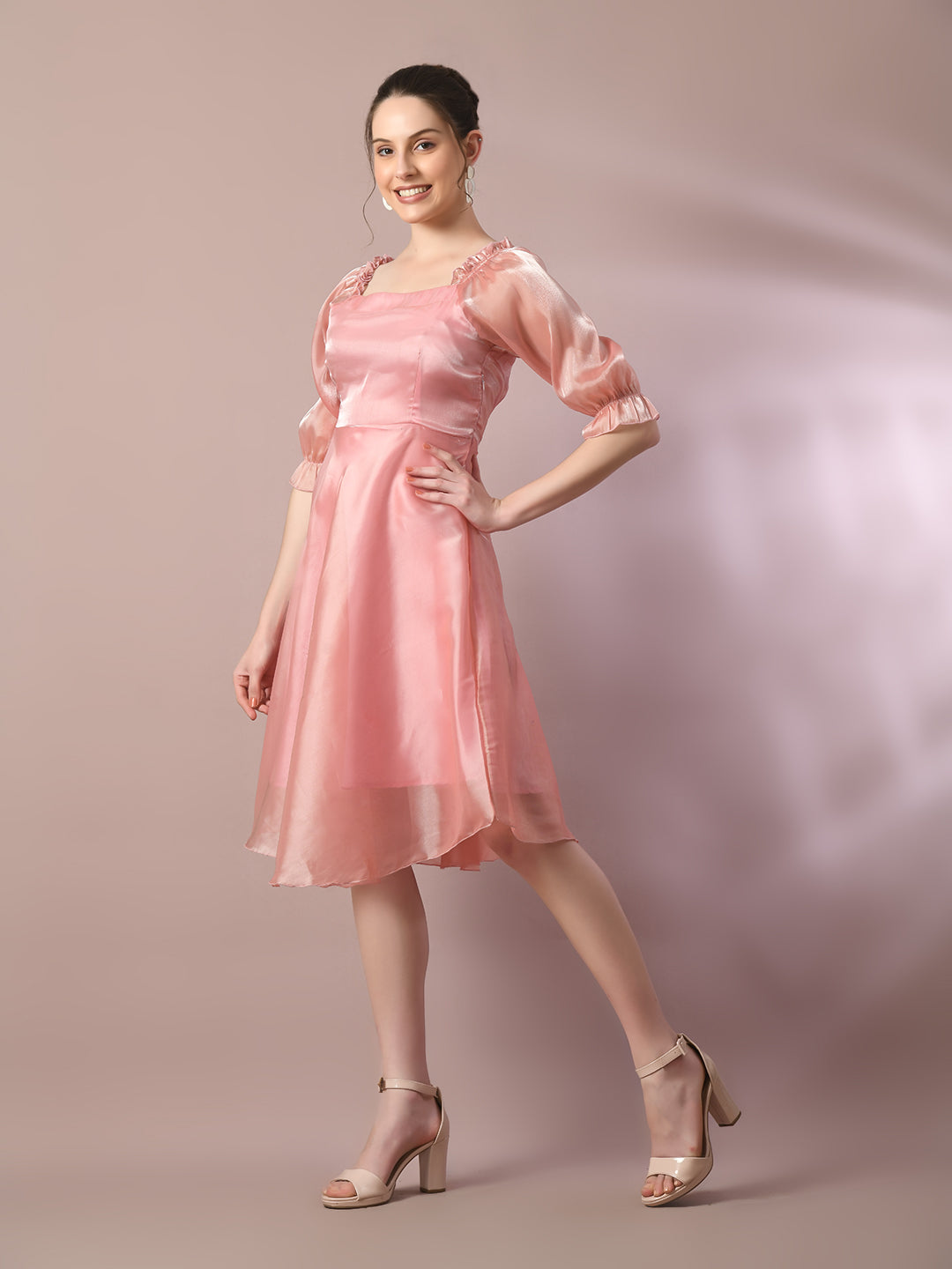 Women's Pink Solid Square Neck Fit And Flare Party Dress - Myshka