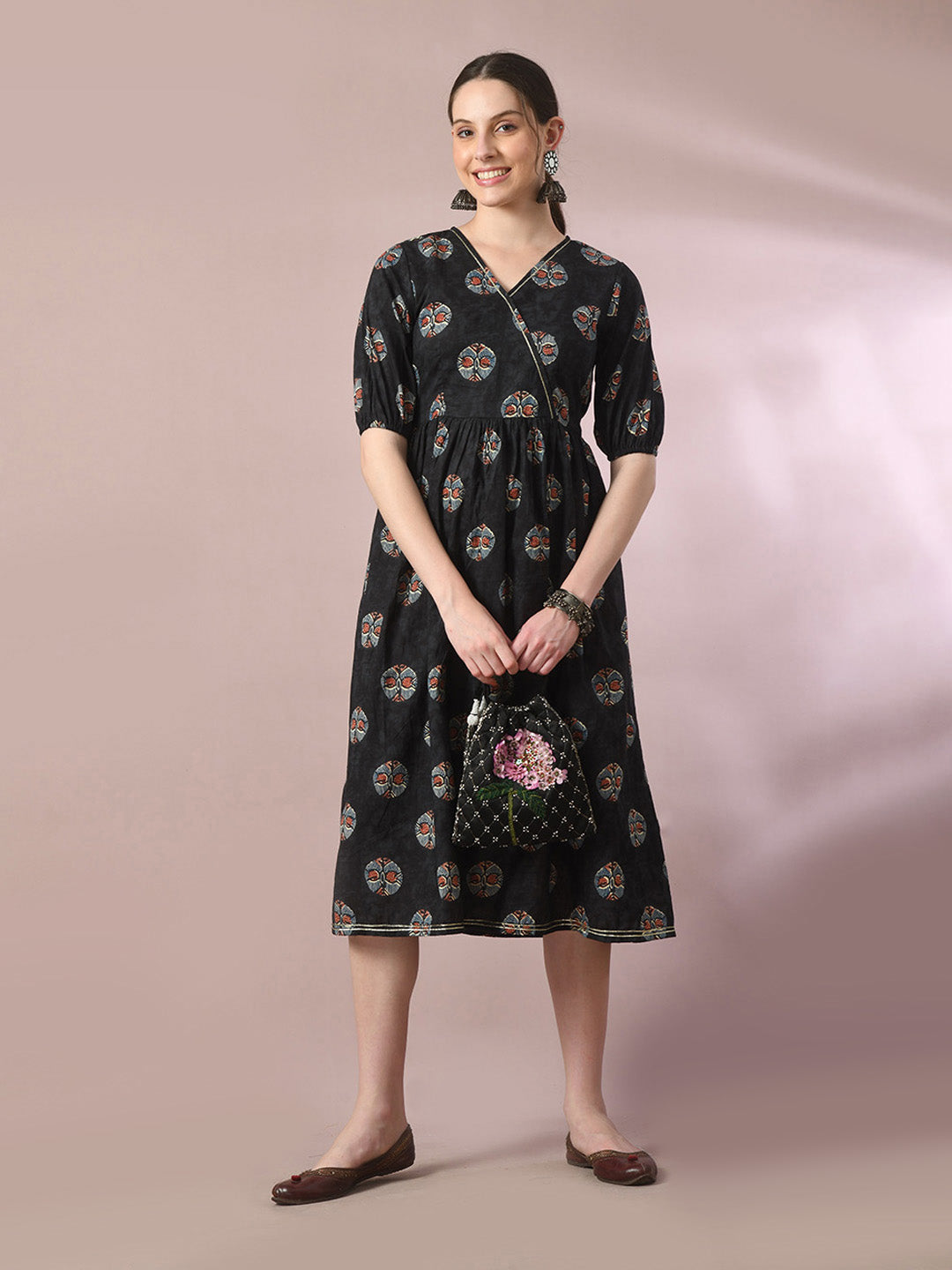 Women's Black Printed Cotton V-Neck Empire Party Dress - Myshka
