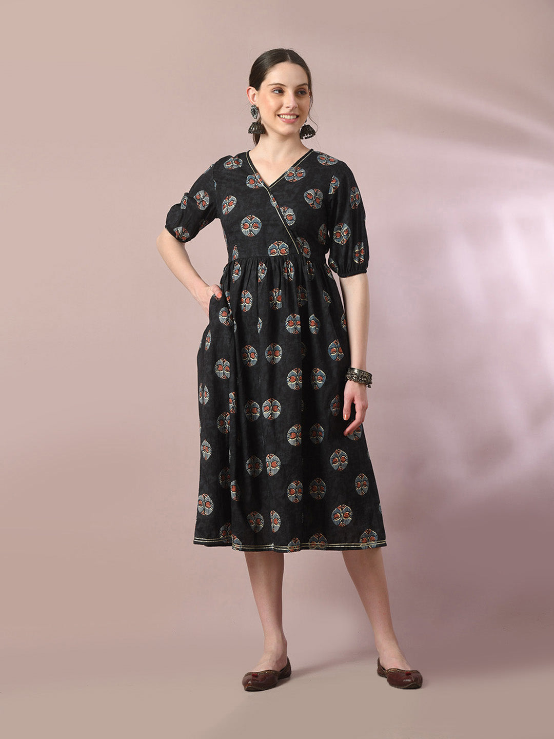 Women's Black Printed Cotton V-Neck Empire Party Dress - Myshka