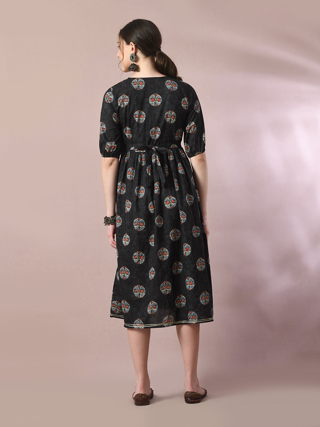 Women's Black Printed Cotton V-Neck Empire Party Dress - Myshka