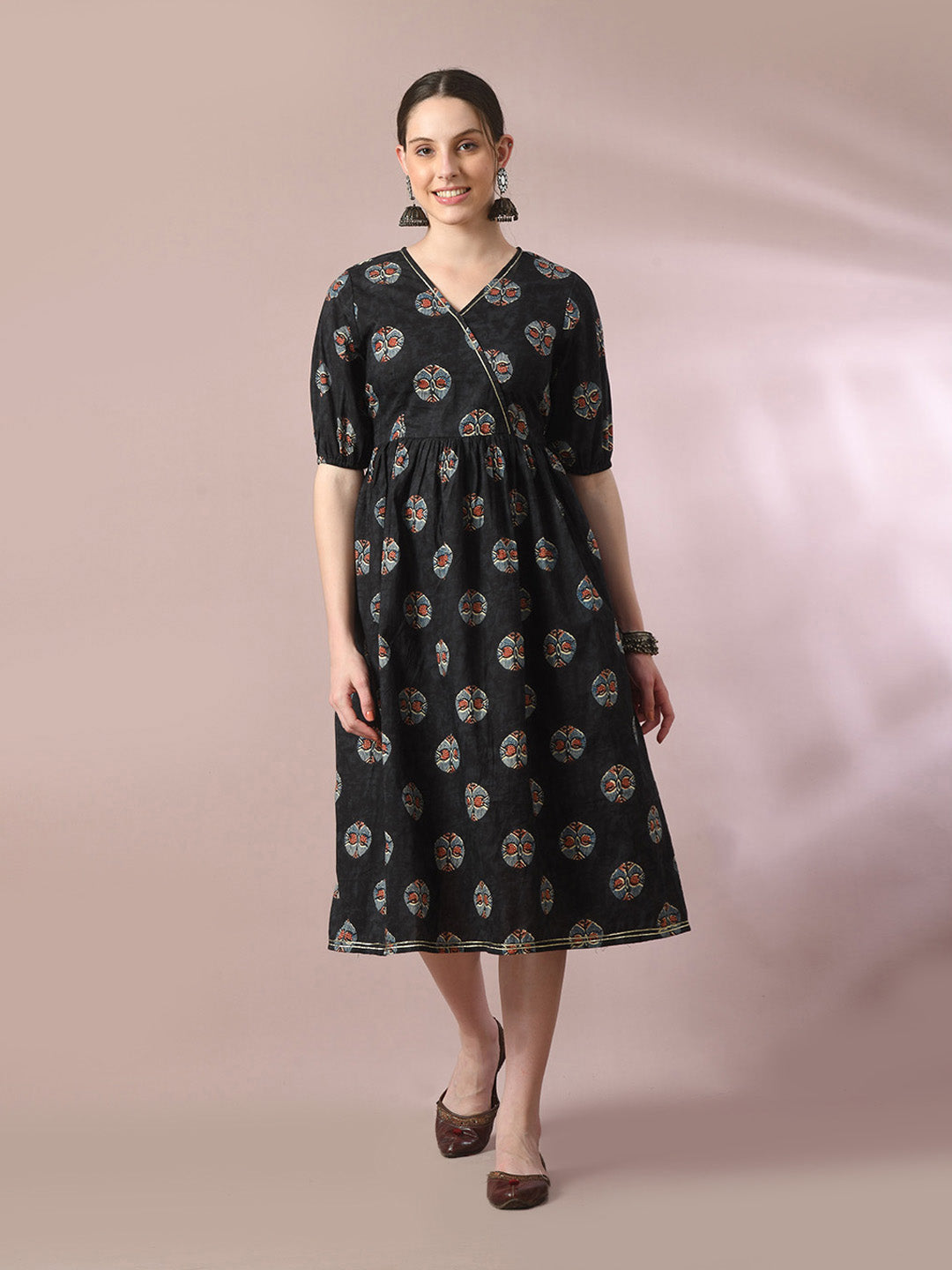 Women's Black Printed Cotton V-Neck Empire Party Dress - Myshka