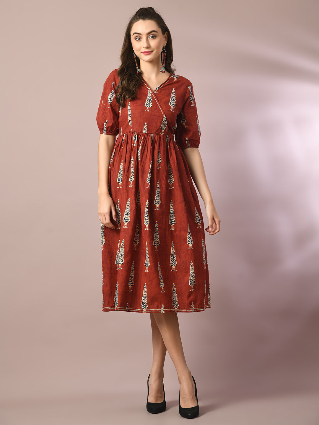 Women's Rust Printed Cotton V-Neck Empire Party Dress - Myshka
