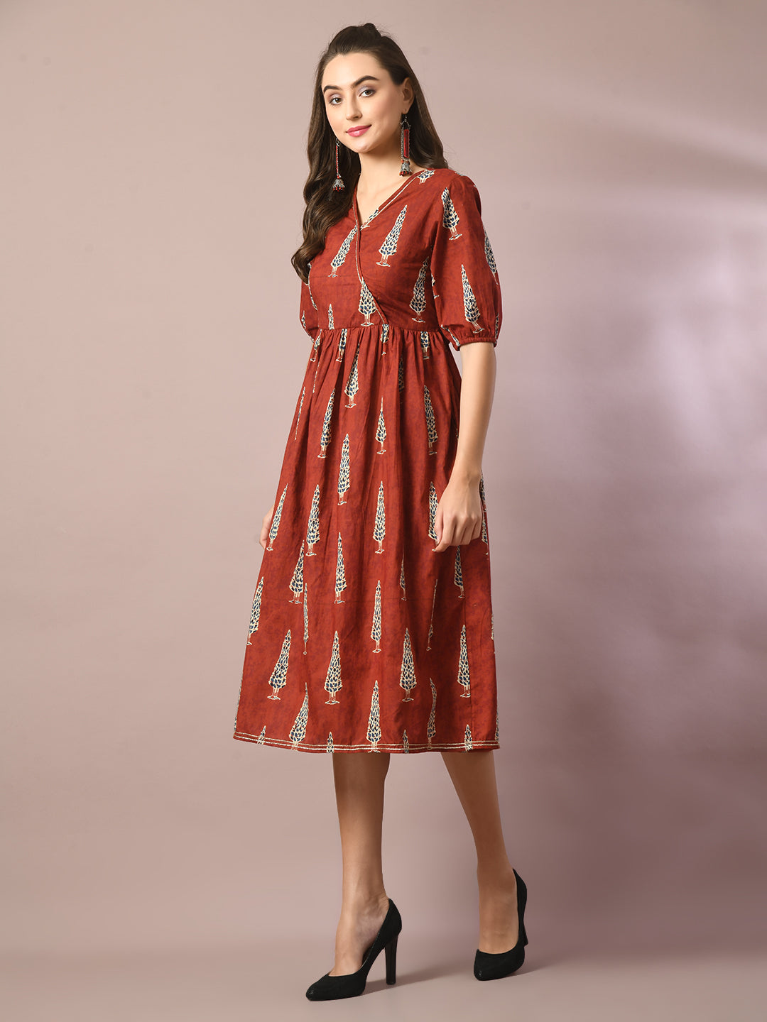 Women's Rust Printed Cotton V-Neck Empire Party Dress - Myshka