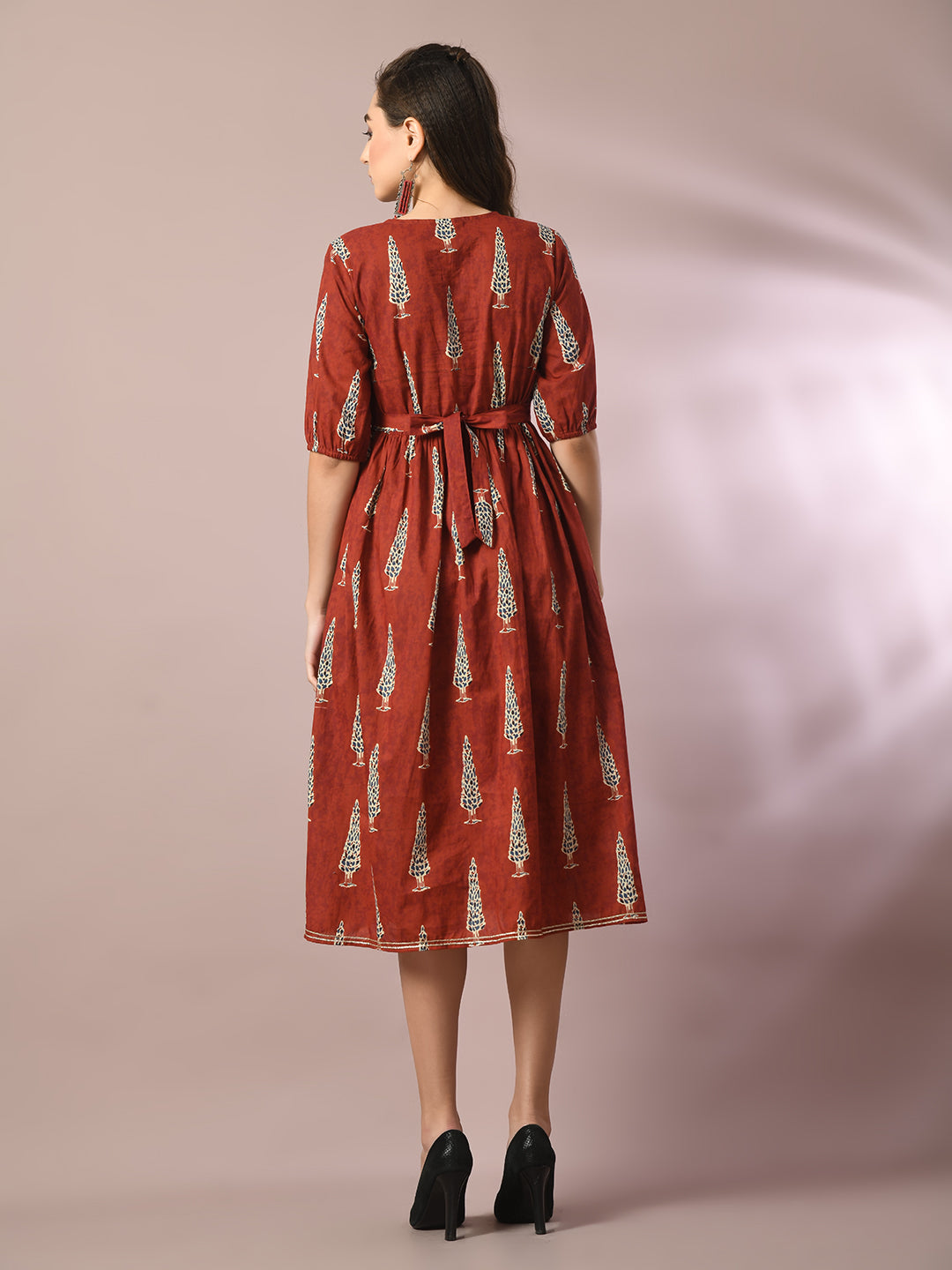 Women's Rust Printed Cotton V-Neck Empire Party Dress - Myshka