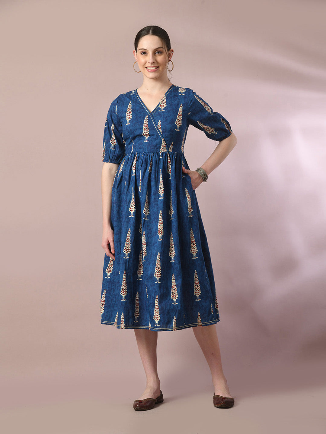 Women's Blue Printed Cotton V-Neck Empire Party Dress - Myshka