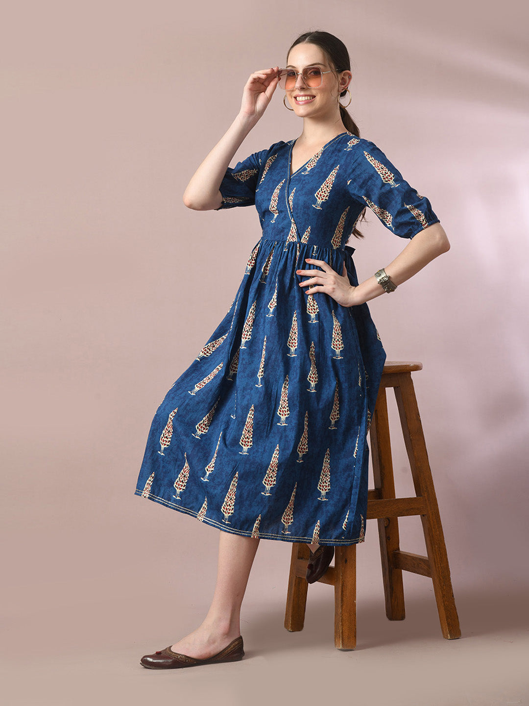 Women's Blue Printed Cotton V-Neck Empire Party Dress - Myshka