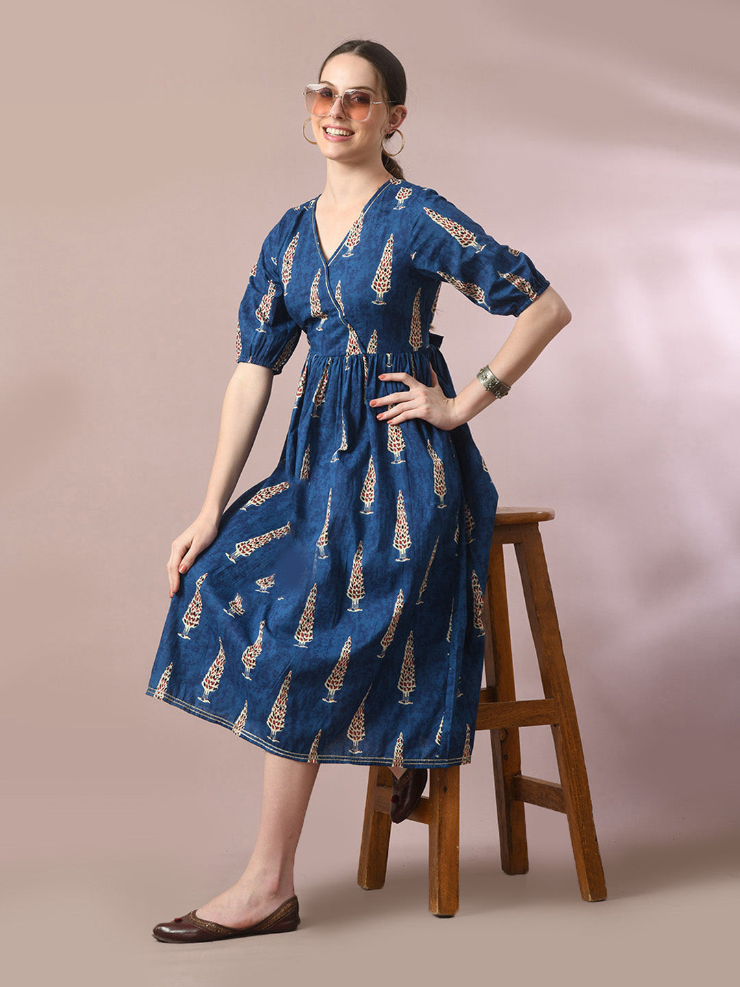 Women's Blue Printed Cotton V-Neck Empire Party Dress - Myshka
