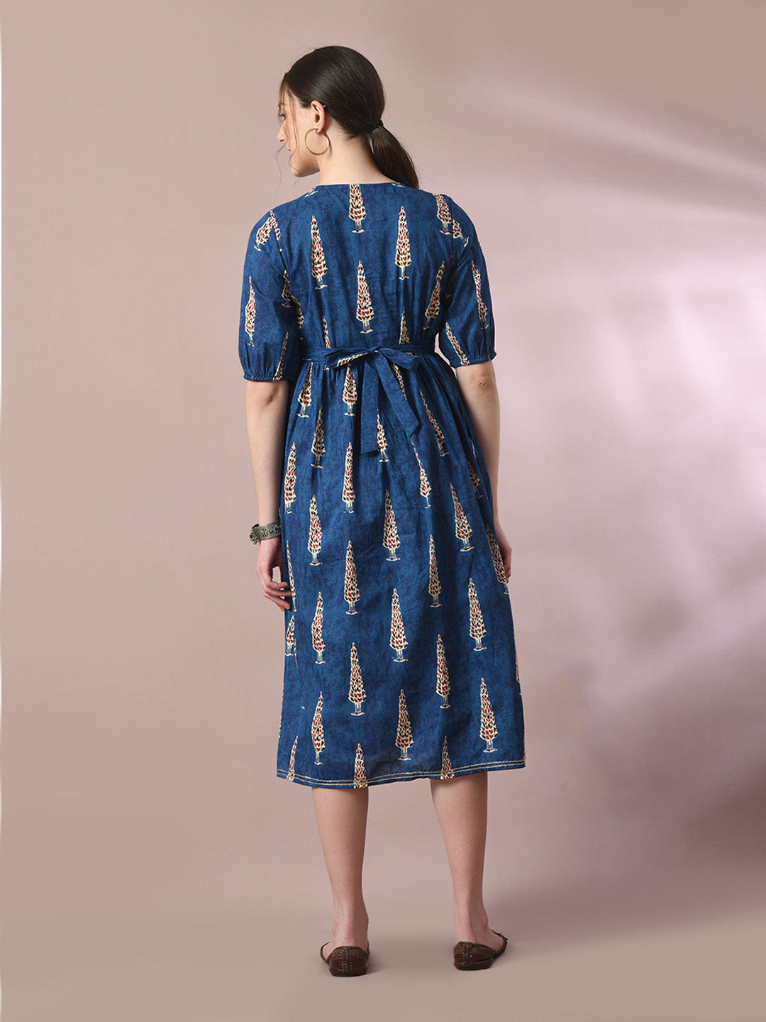 Women's Blue Printed Cotton V-Neck Empire Party Dress - Myshka